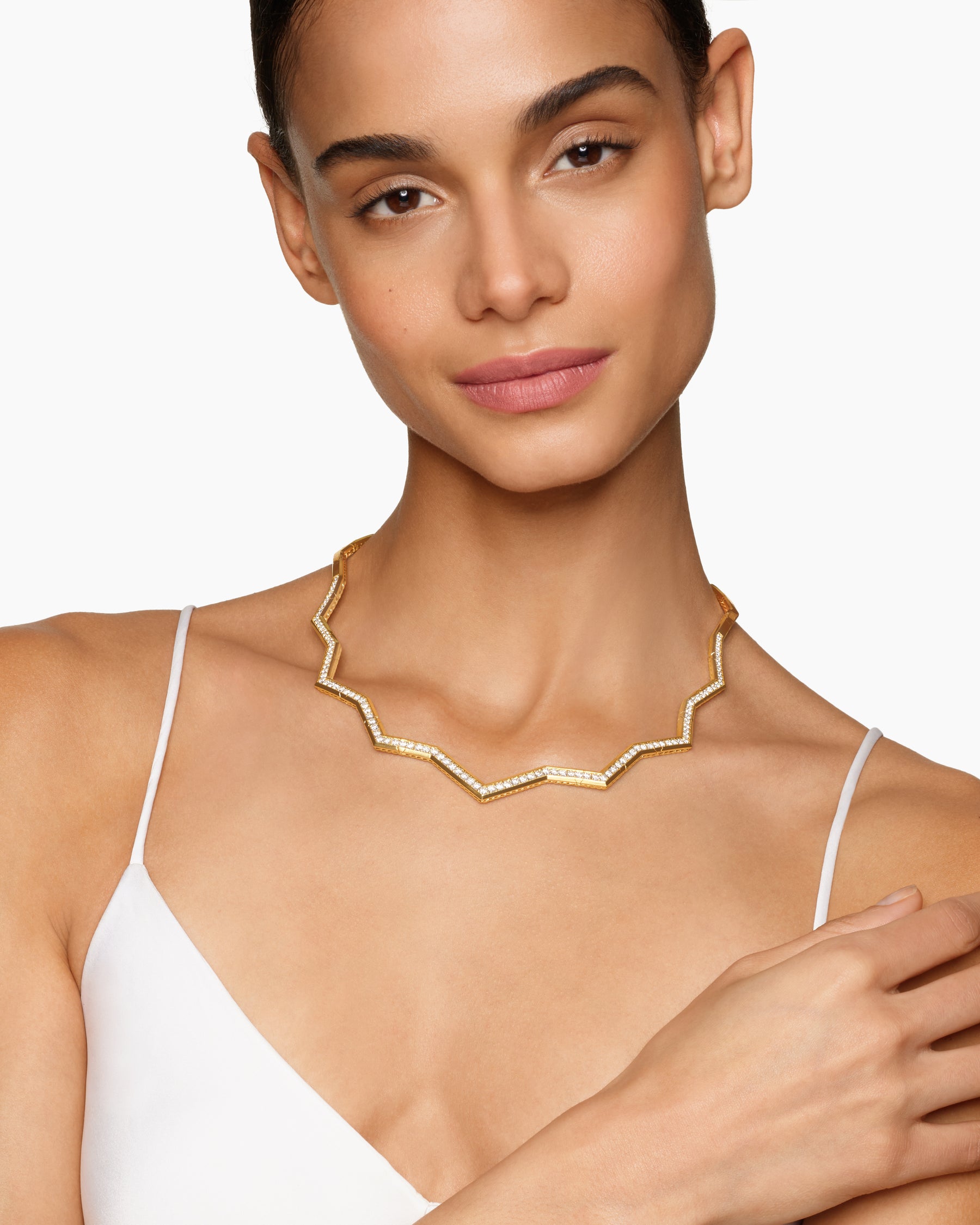 Alternative view of Zig Zag Stax Necklace in 18K Yellow Gold with Diamonds, 5mm