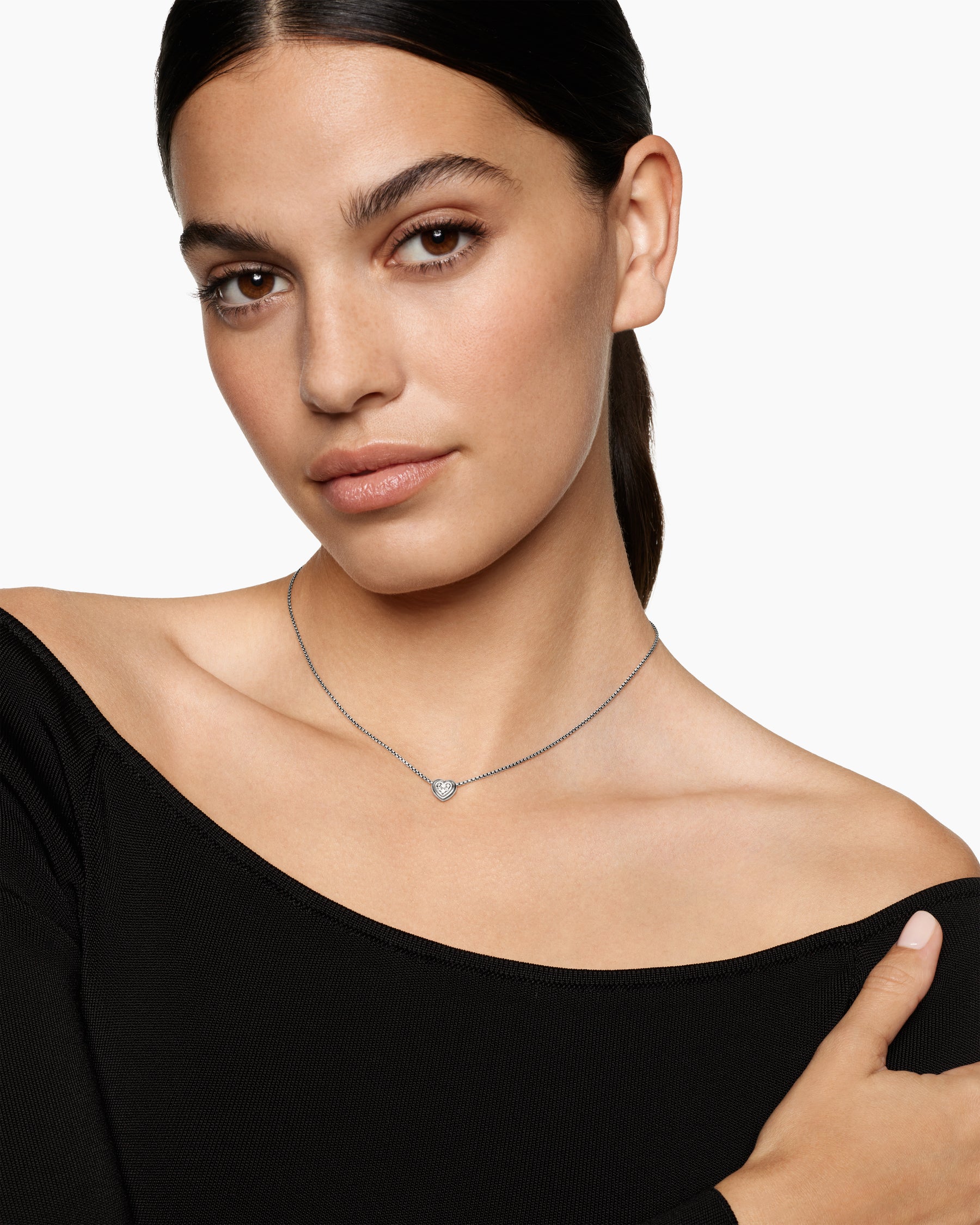 Alternative view of Puffy Heart Pendant Necklace in Sterling Silver with Diamonds, 7.8mm