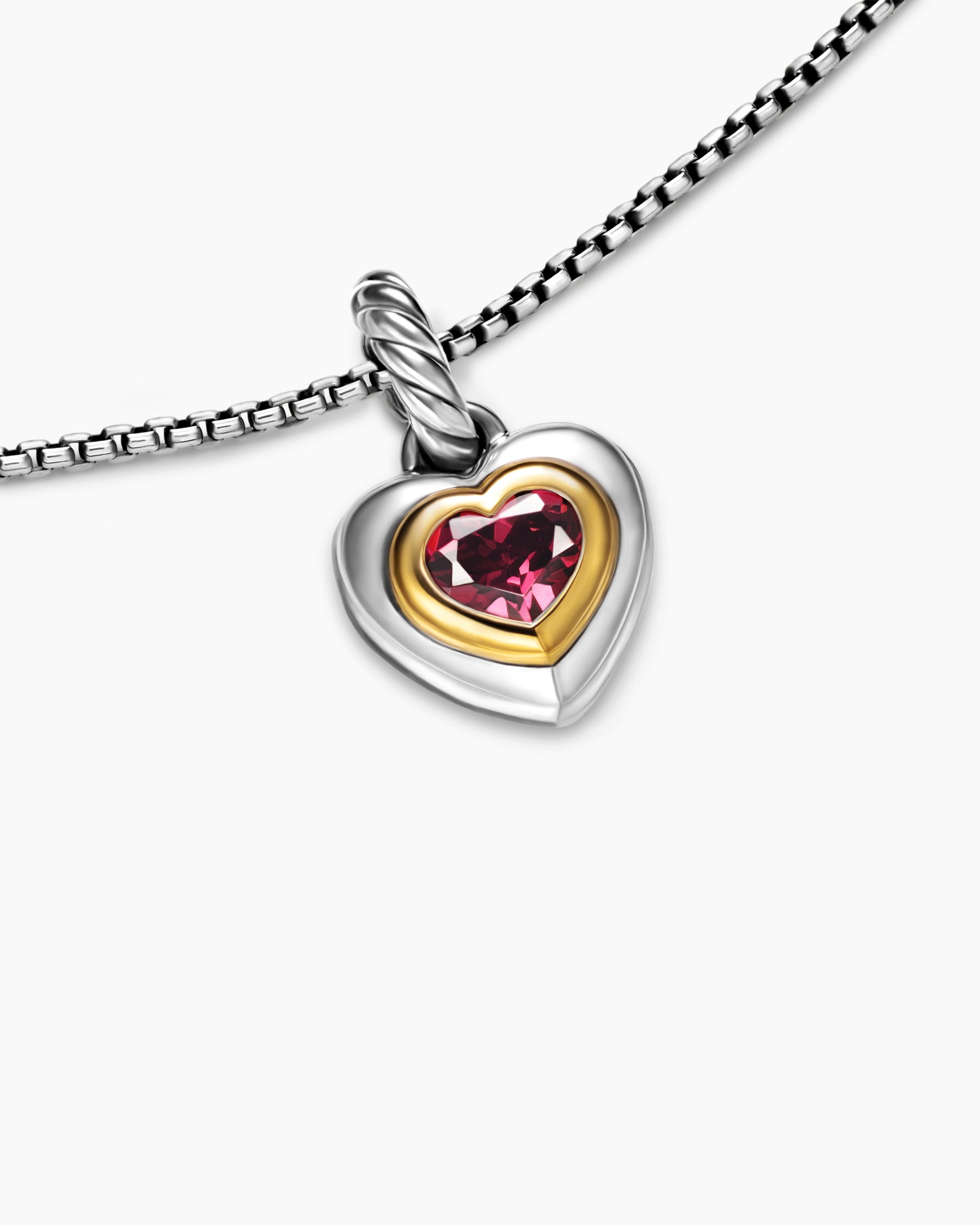 Petite Cable Heart Pendant Necklace in Sterling Silver with 14K Yellow Gold and Rhodolite Garnet, 17.1mm - Image 5