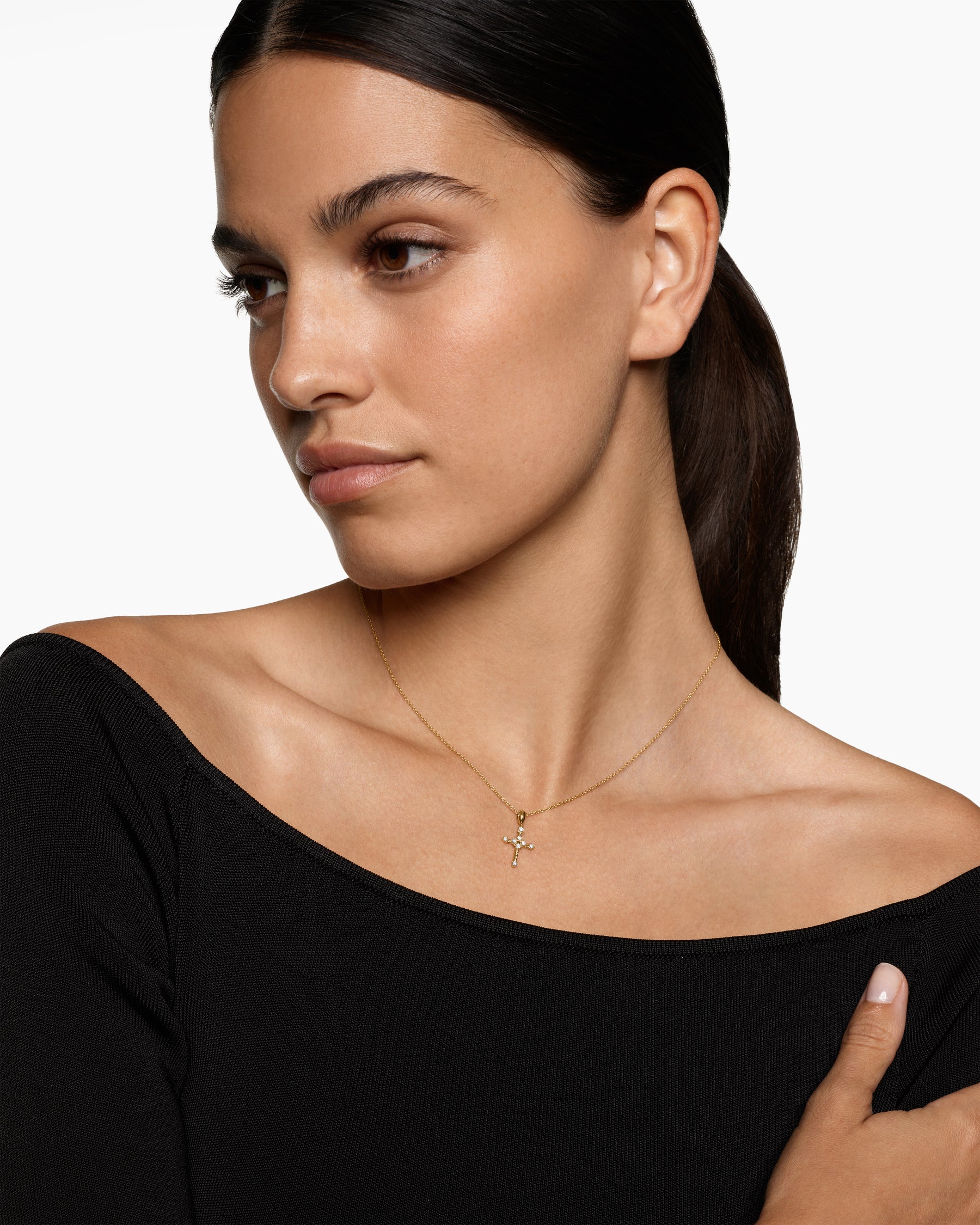 Alternative view of Petite Modern Renaissance Cross Pendant Necklace in 18K Yellow Gold with Diamonds, 15.9mm
