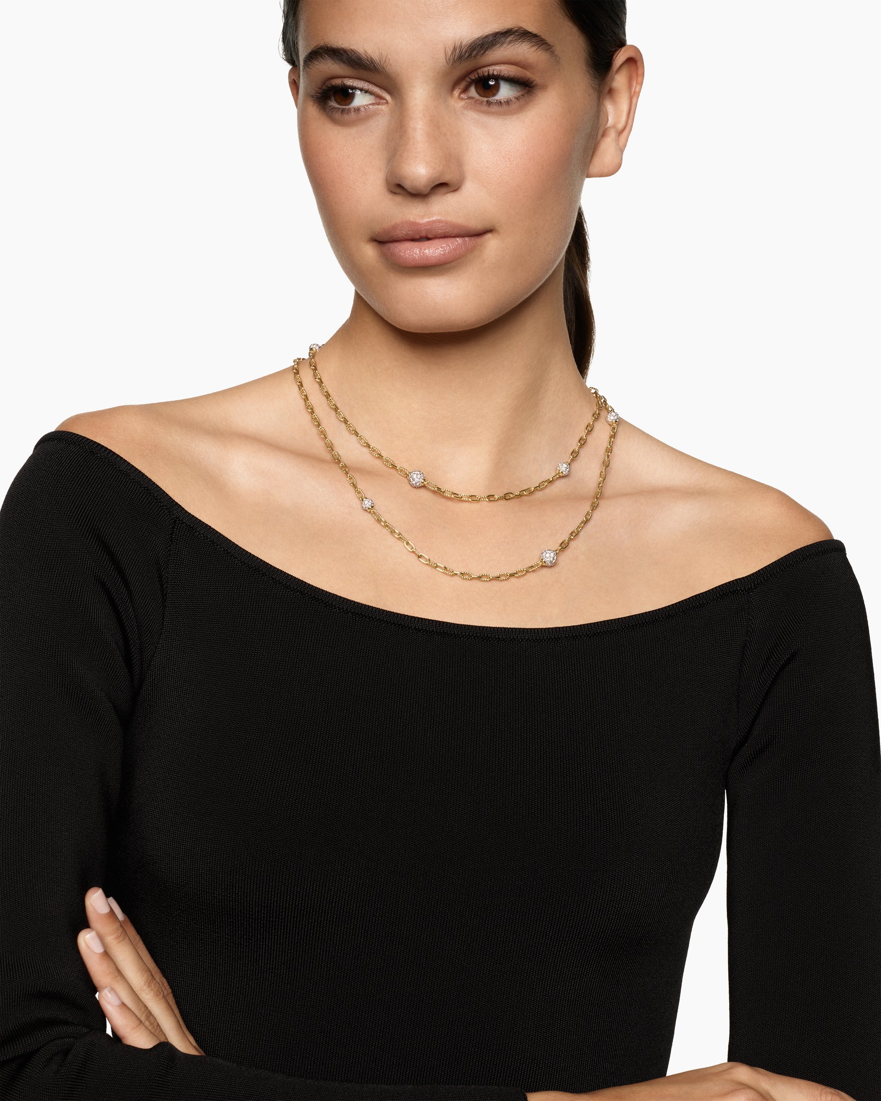 DY Madison Pavé Bead Station Necklace in 18K Yellow Gold, 3mm - Image 6
