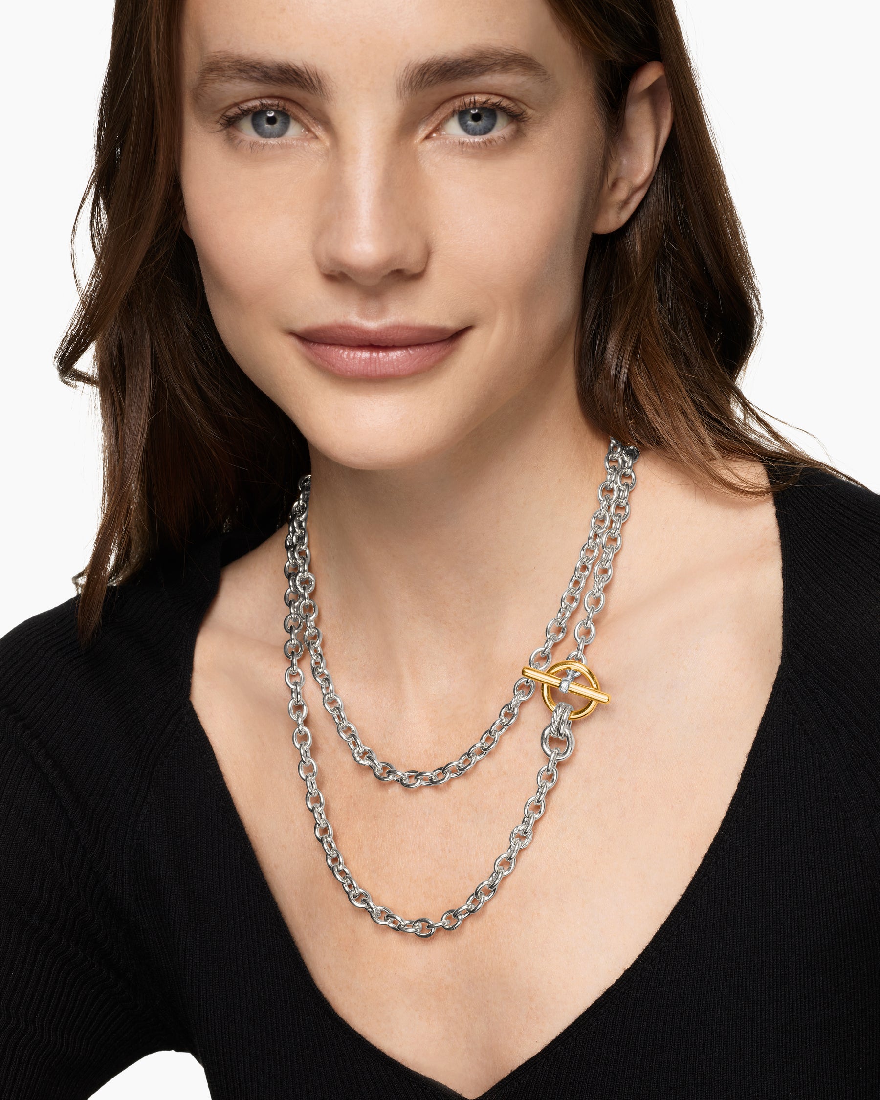 Alternative view of DY Mercer Double Row Toggle Chain Necklace in Sterling Silver with 18K Yellow Gold and Diamonds, 8mm
