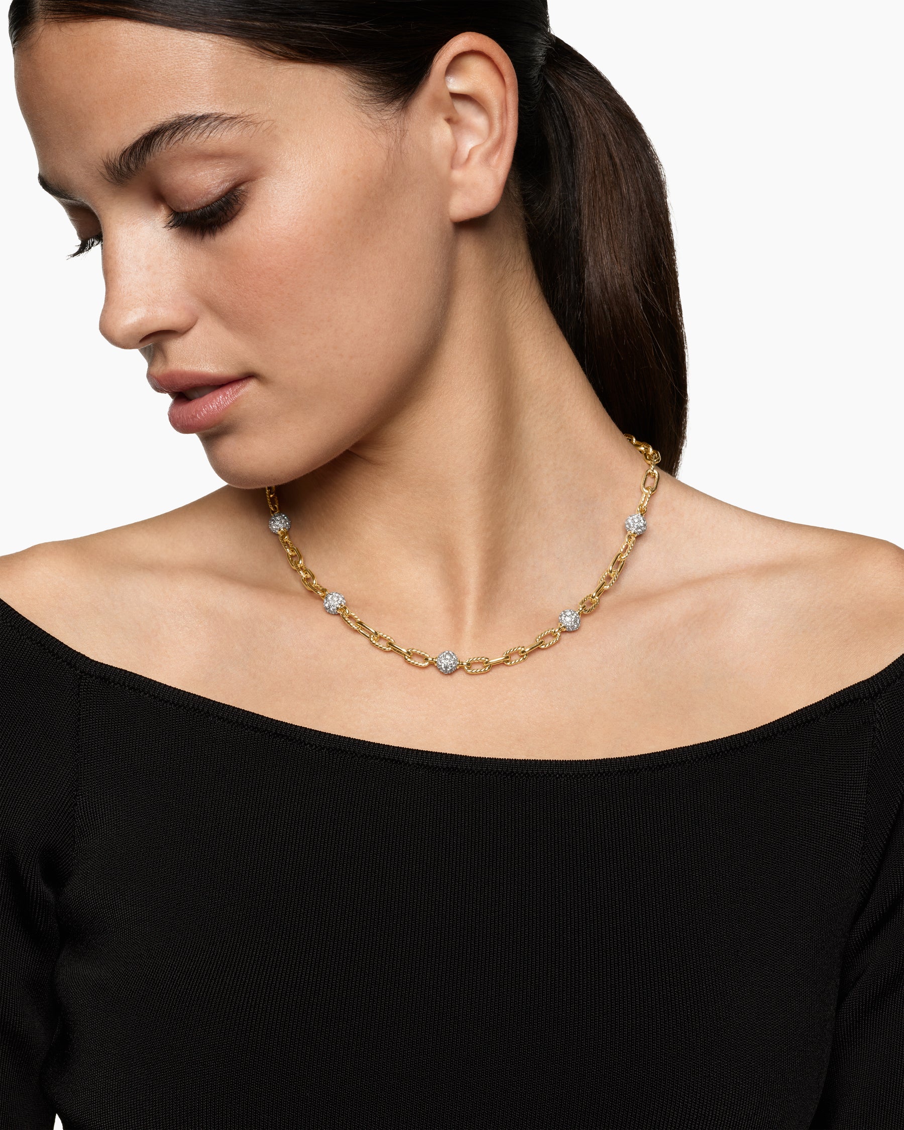 Alternative view of DY Madison Pavé Bead Chain Necklace in 18K Yellow Gold with Diamonds, 6mm