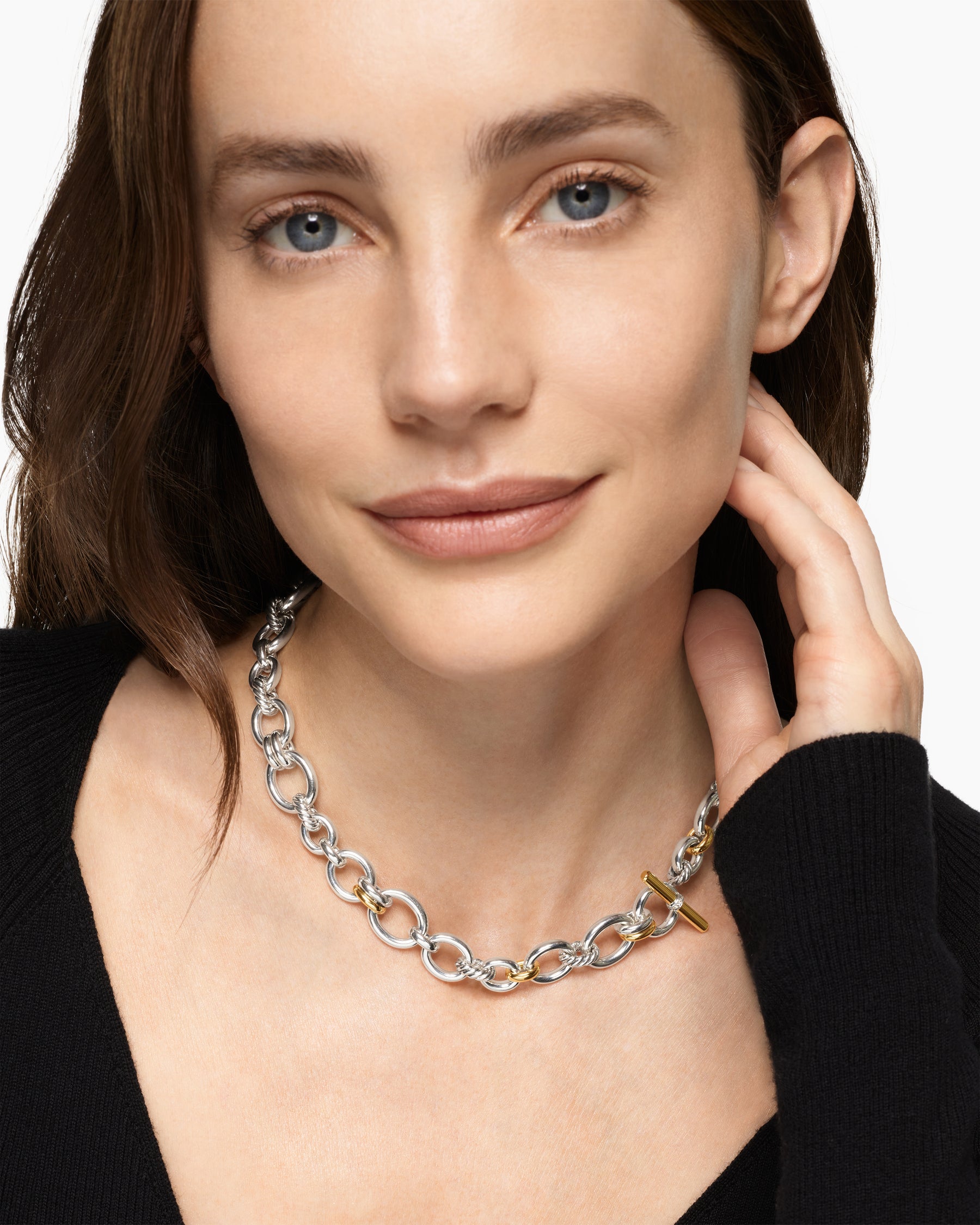 Alternative view of DY Mercer Chain Necklace in Sterling Silver with 18K Yellow Gold and Diamonds, 8mm