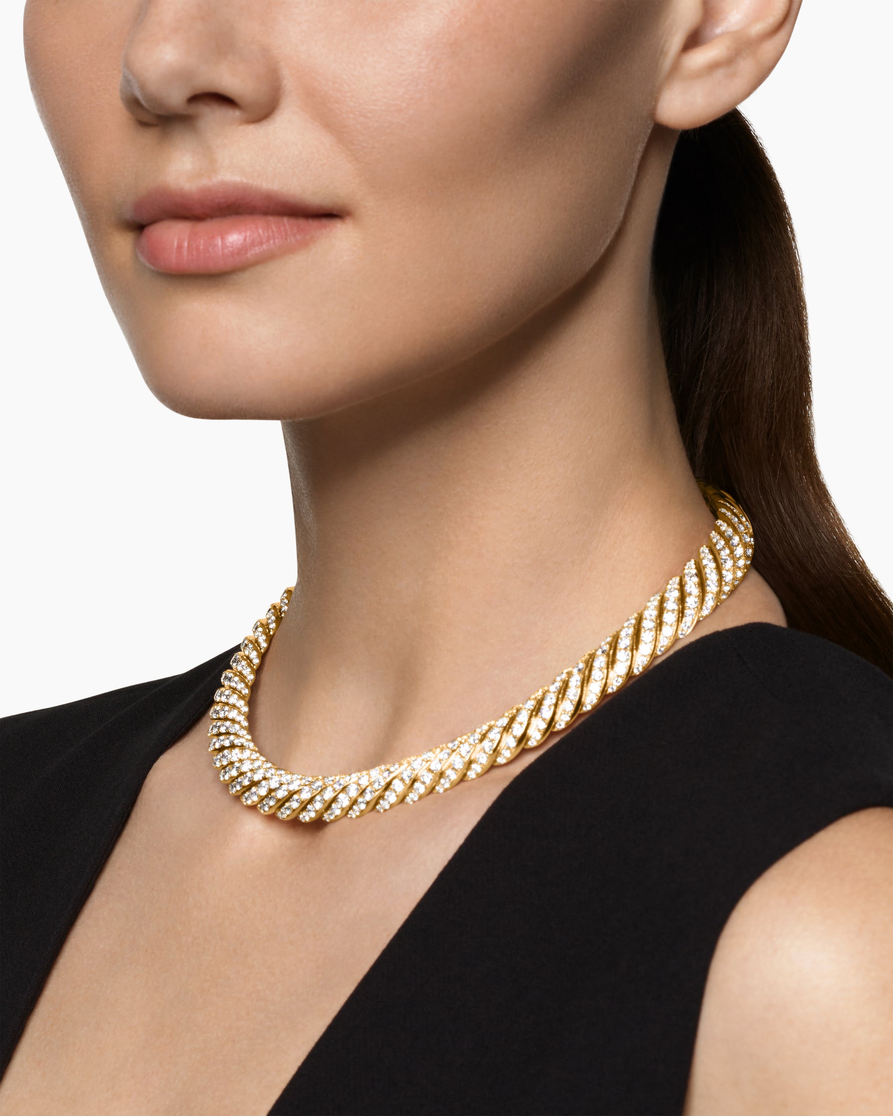 Alternative view of Sculpted Cable Flex Necklace in 18K Yellow Gold with Diamonds, 11mm