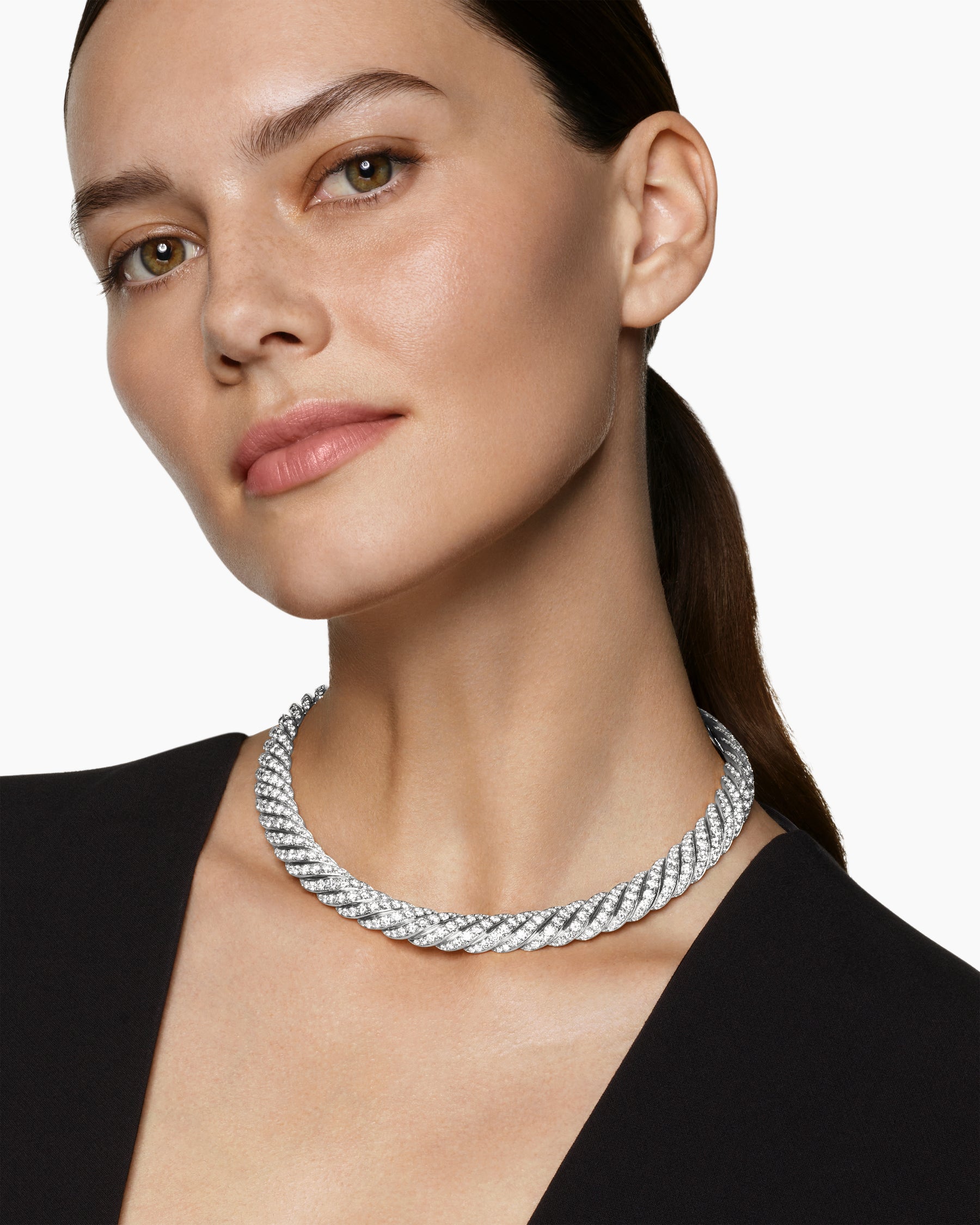 Alternative view of Sculpted Cable Flex Necklace in 18K White Gold with Diamonds, 11mm