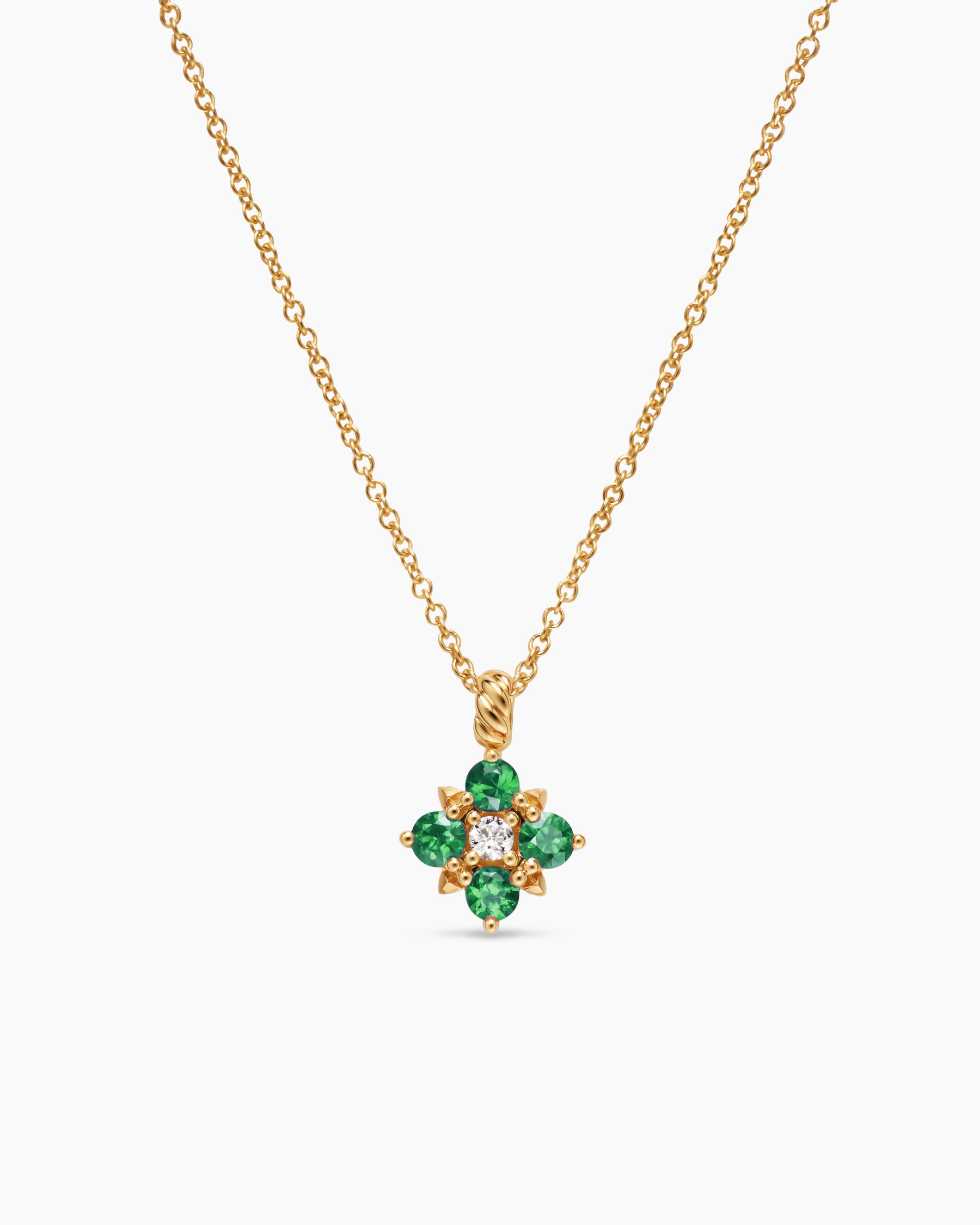 Petite Modern Renaissance Pendant Necklace in 18K Yellow Gold with Emeralds and Diamond, 9.2mm