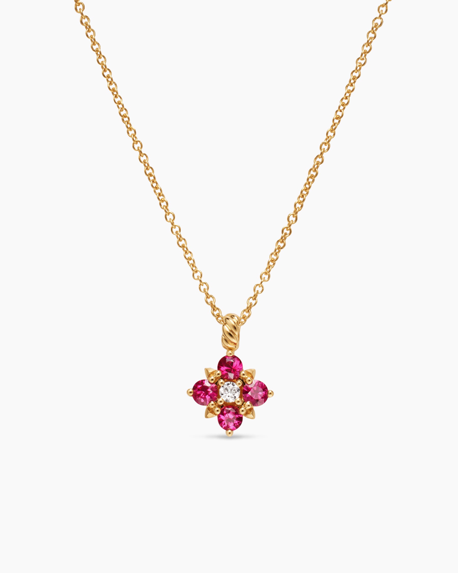 Petite Modern Renaissance Pendant Necklace in 18K Yellow Gold with Rubies and Diamond, 9.2mm