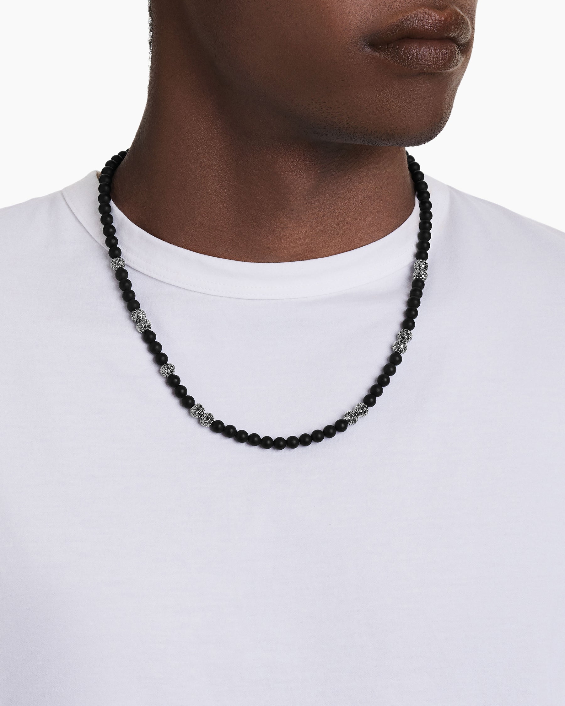 Alternative view of Spiritual Beads Necklace in Sterling Silver with Black Onyx and Pavé Diamonds, 6mm