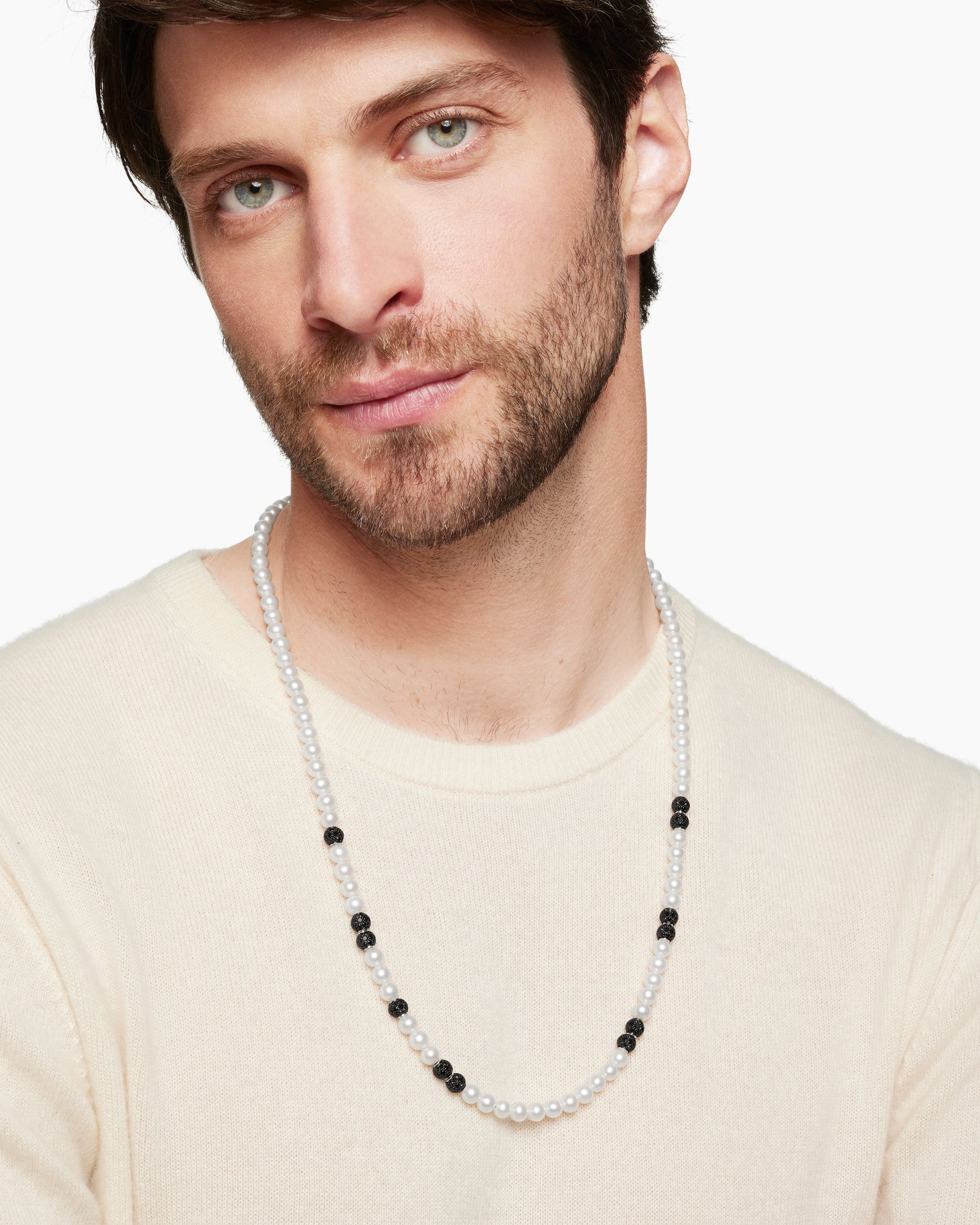 Spiritual Beads Necklace in Sterling Silver with Pearls and Pavé Black Diamonds, 6mm - Image 6