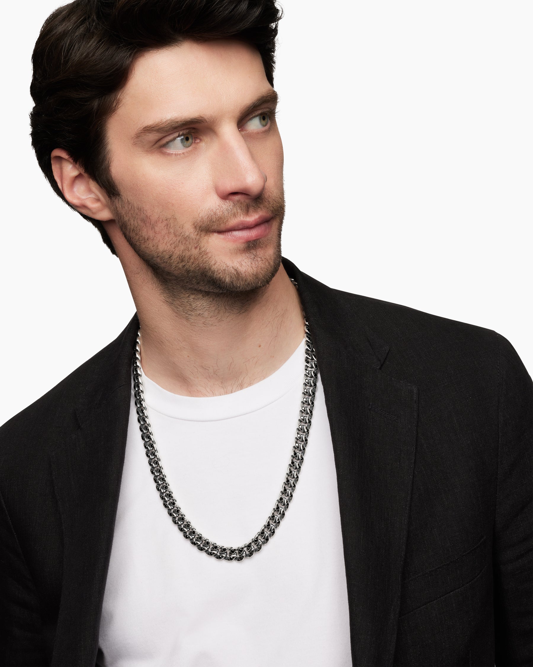 Alternative view of Curb Chain Necklace in Sterling Silver with Black Diamonds, 11.5mm