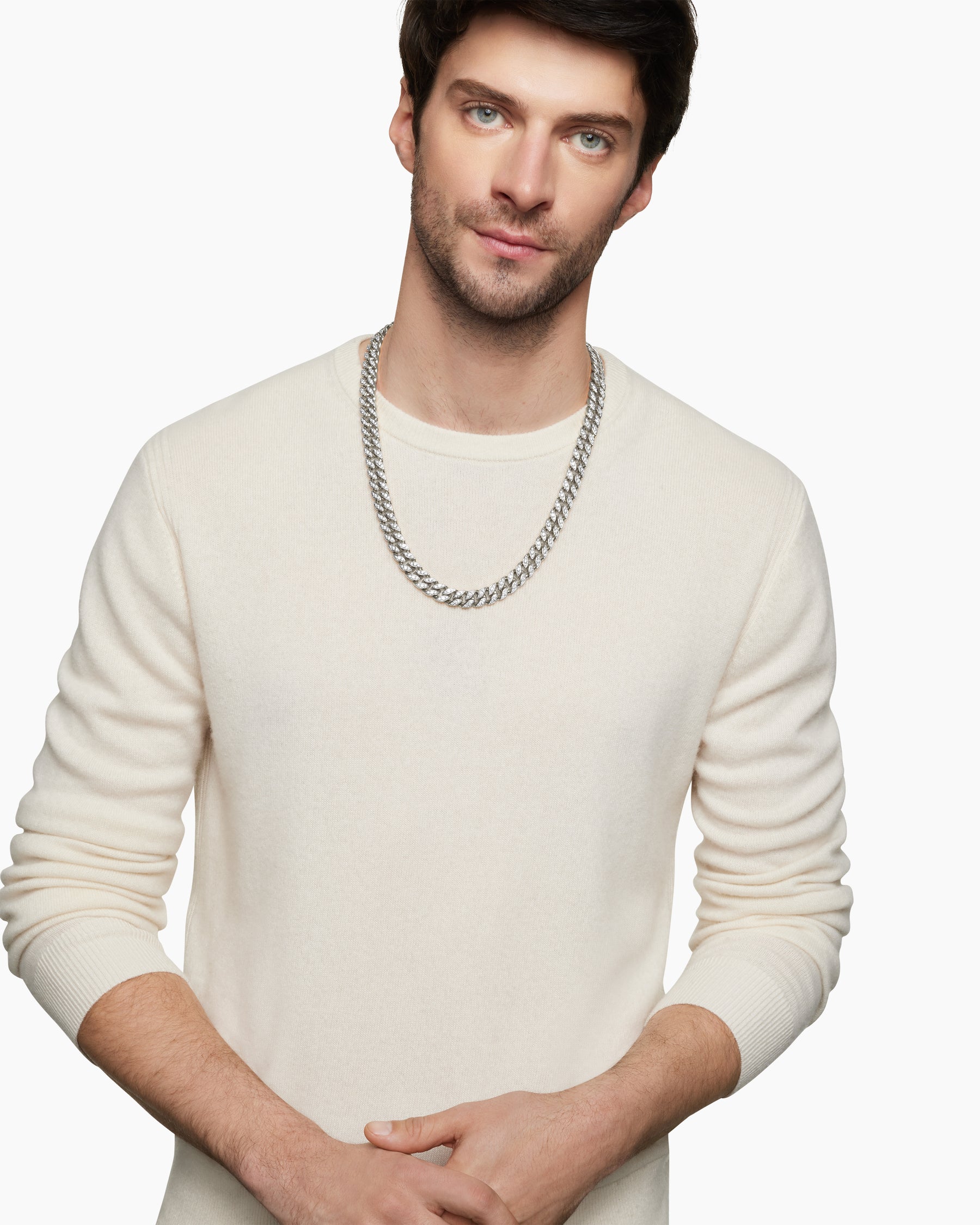 Alternative view of Curb Chain Necklace in Sterling Silver with Diamonds, 11.5mm