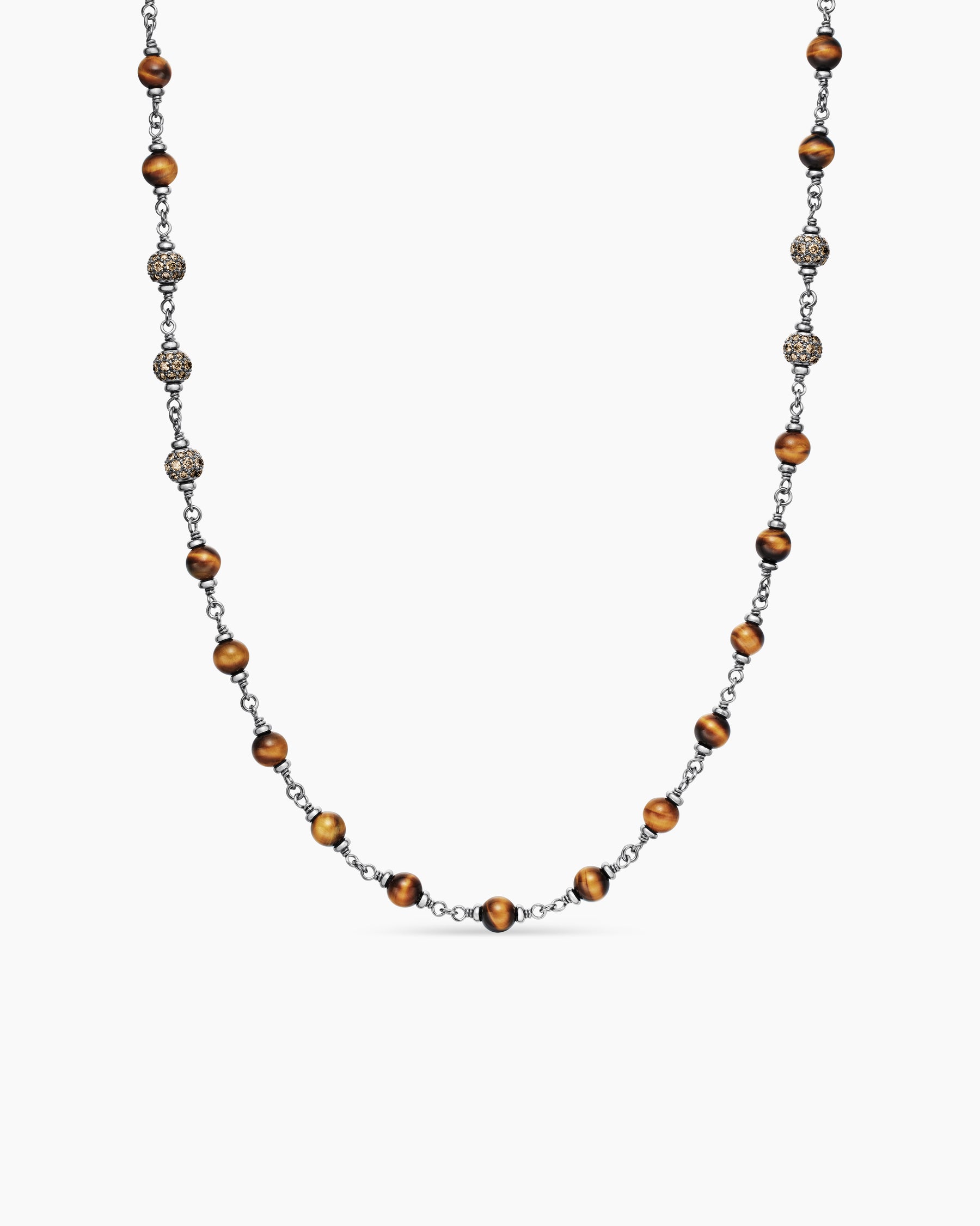 Spiritual Beads Necklace in Sterling Silver with Tiger's Eye and Cognac Diamonds, 6mm