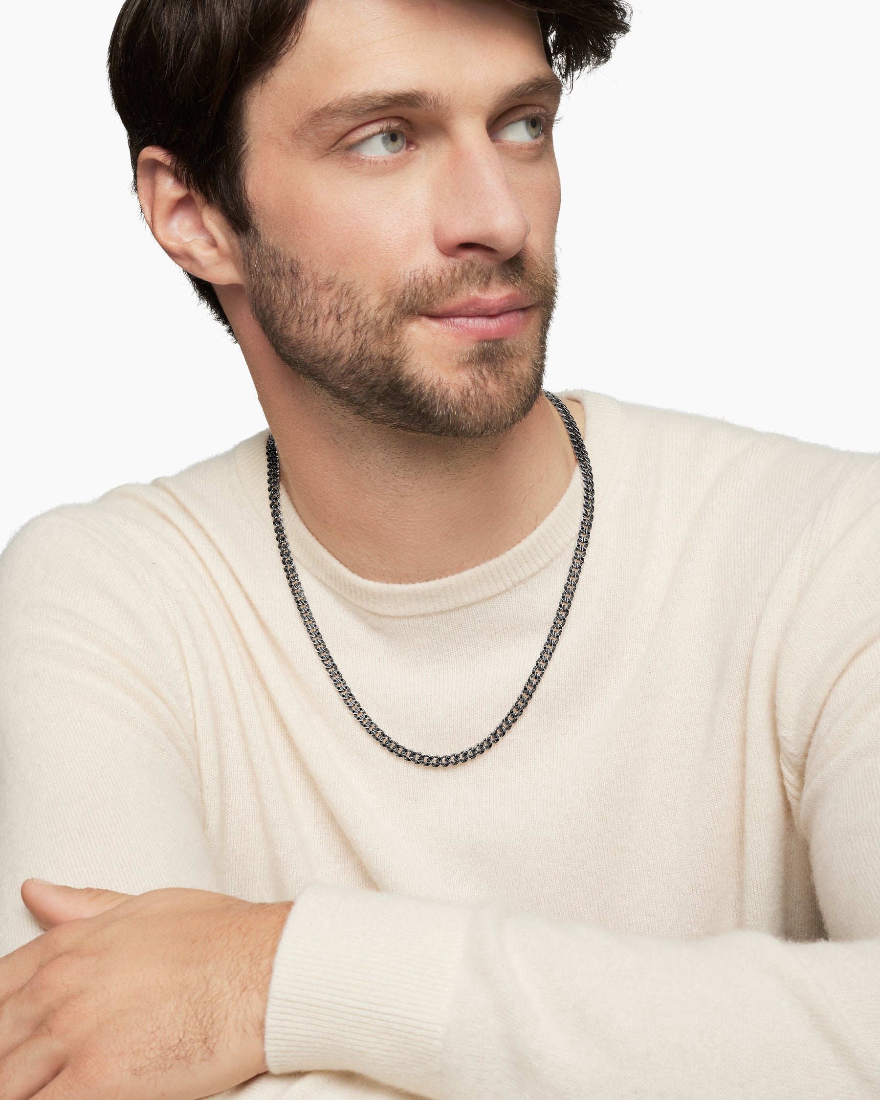Alternative view of Curb Chain Necklace in Sterling Silver with Black Diamonds, 6mm