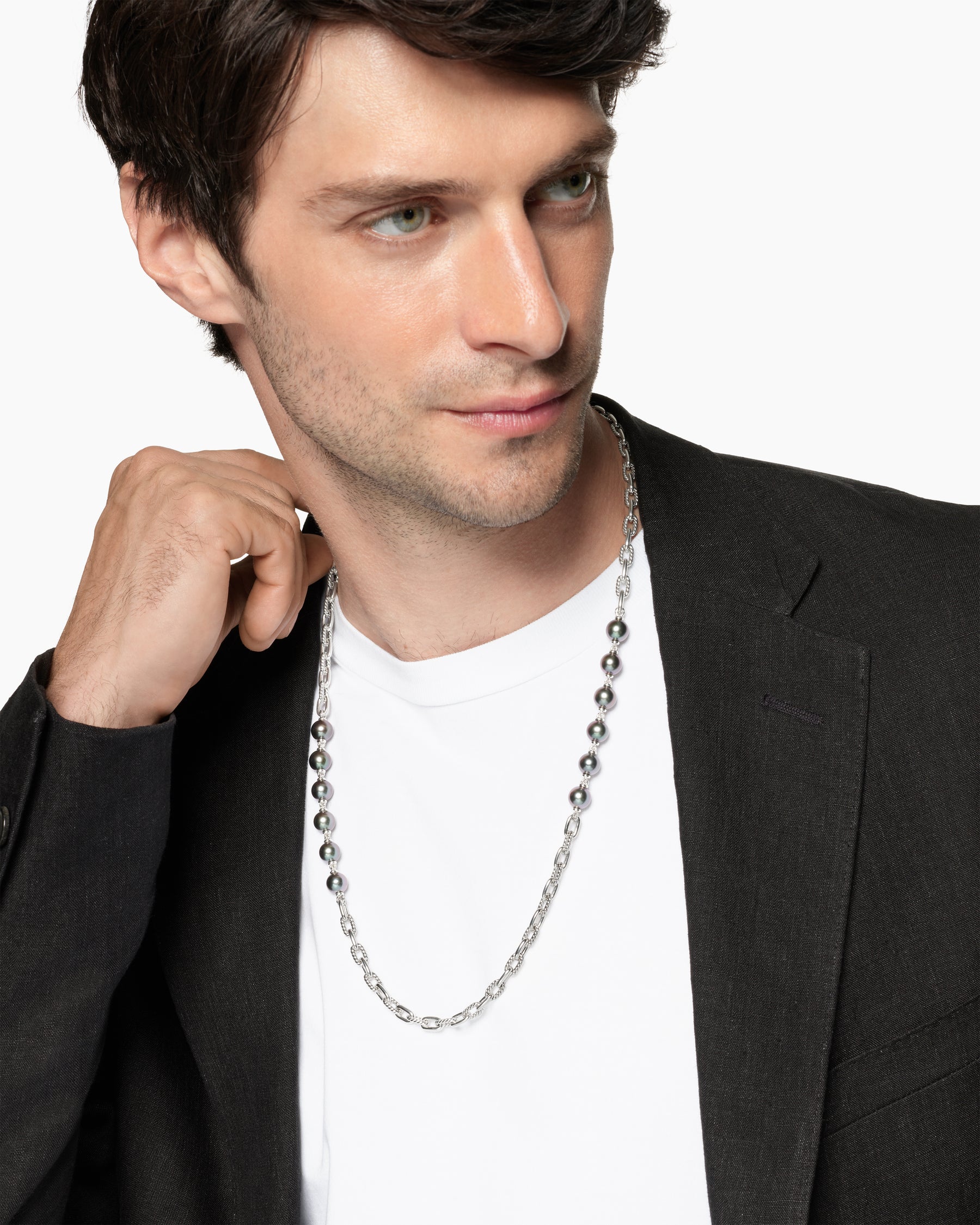 Alternative view of DY Madison Chain Necklace in Sterling Silver with Grey Pearls, 6mm