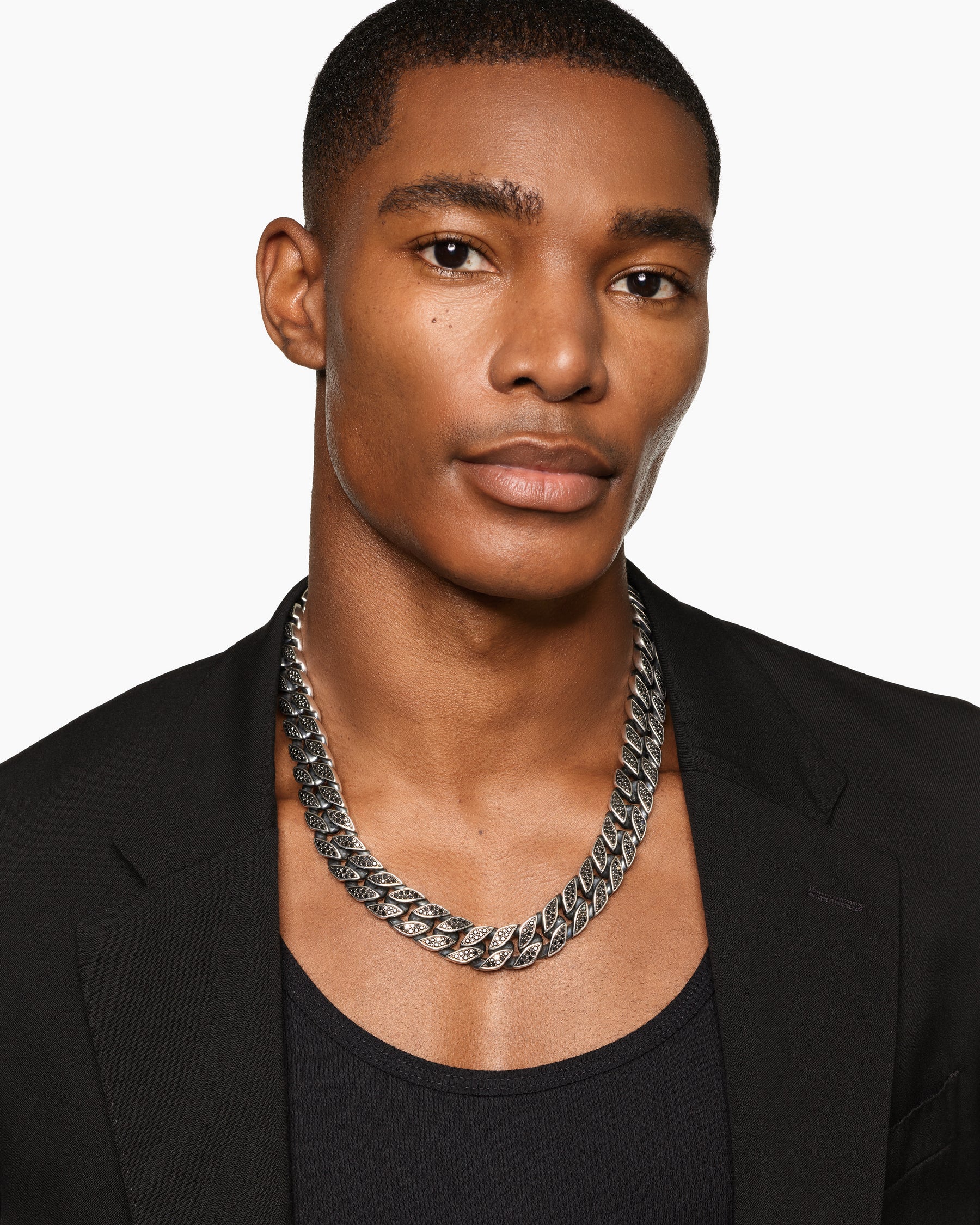 Alternative view of Curb Chain Necklace in Sterling Silver with Black Diamonds, 18mm