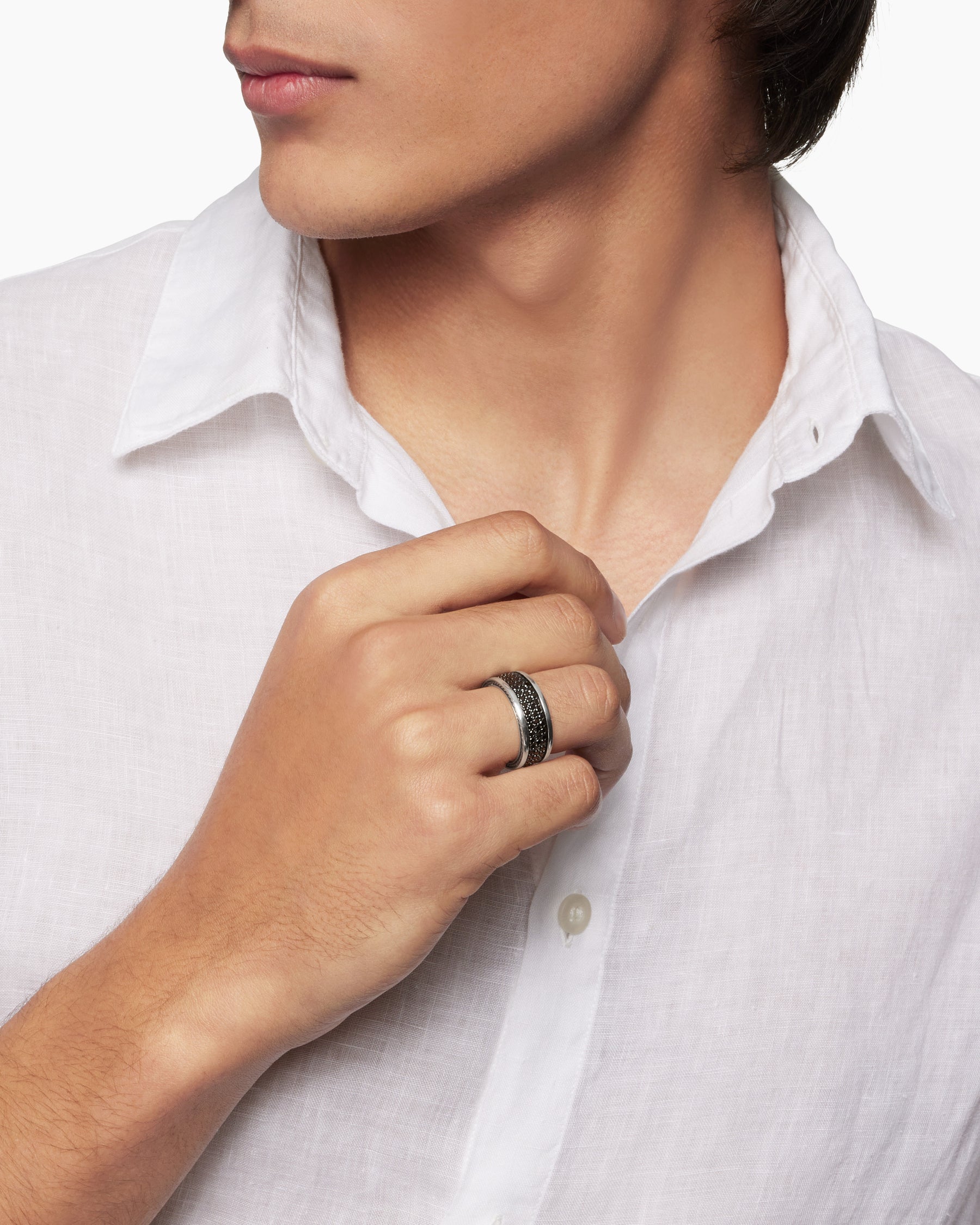 Alternative view of Streamline Three Row Band Ring in Sterling Silver with Black Diamonds, 8.5mm