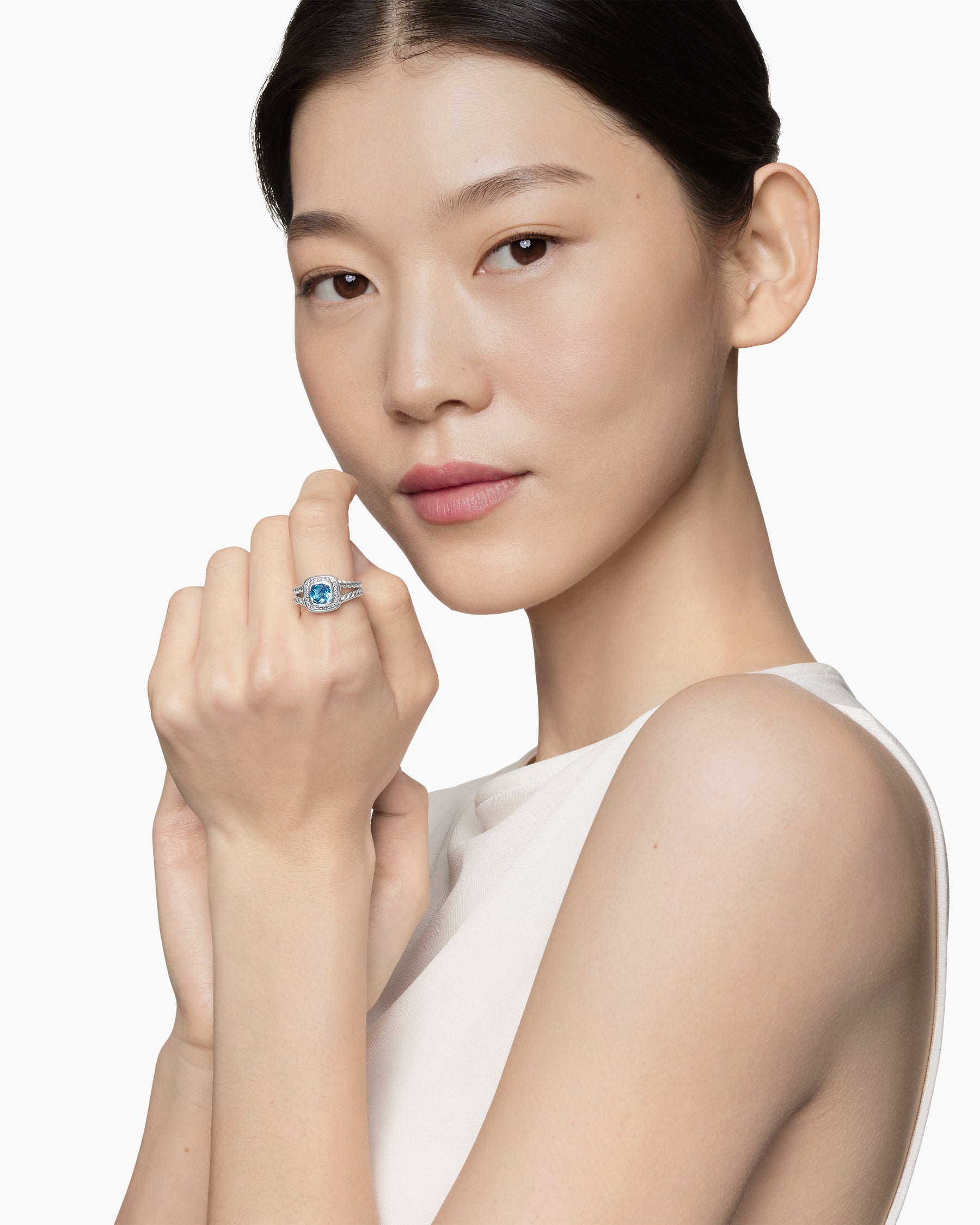 Alternative view of Petite Albion Ring in Sterling Silver with Blue Topaz and Diamonds, 7mm