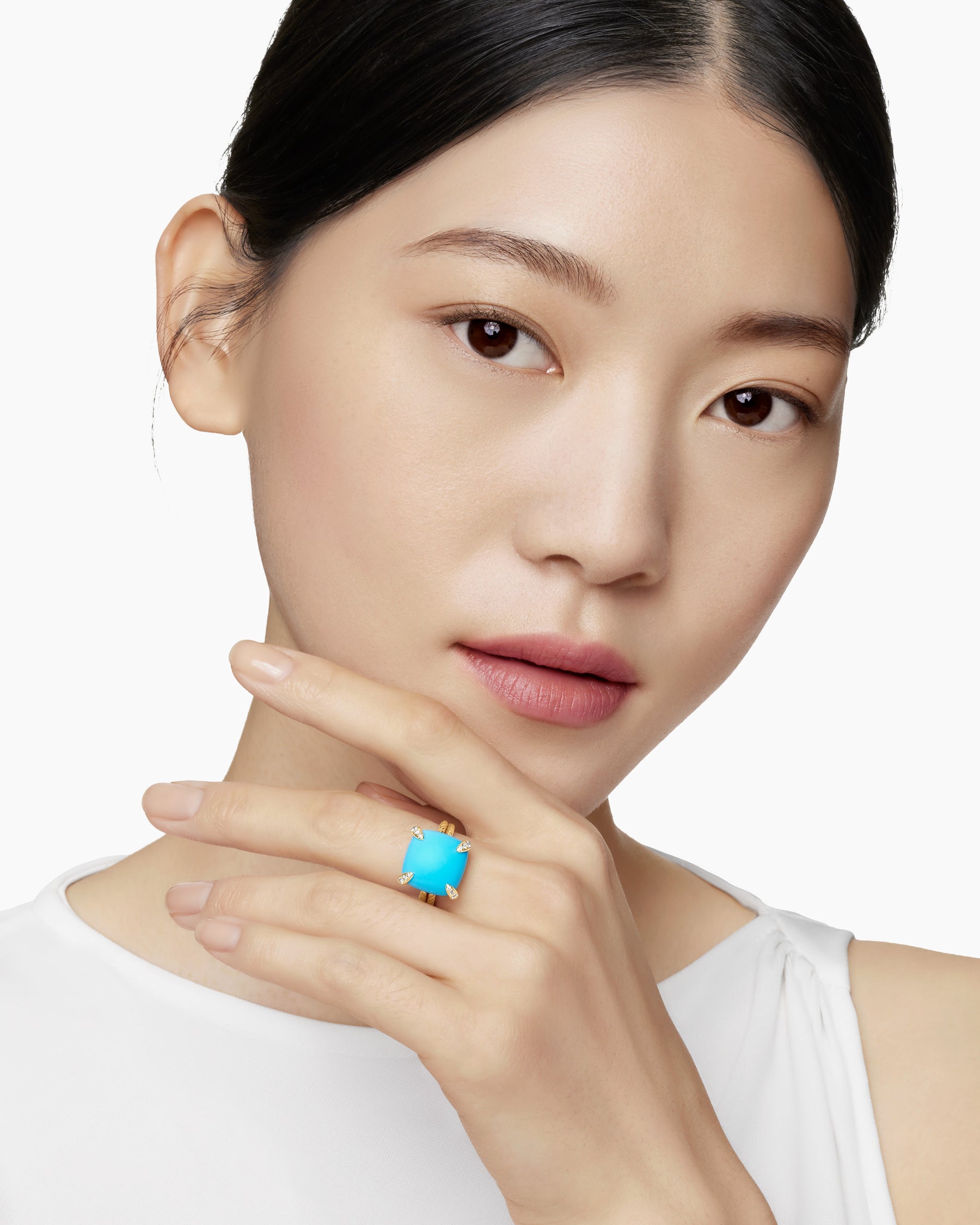Chatelaine Ring in 18K Yellow Gold with Turquoise and Diamonds, 14mm - Image 7