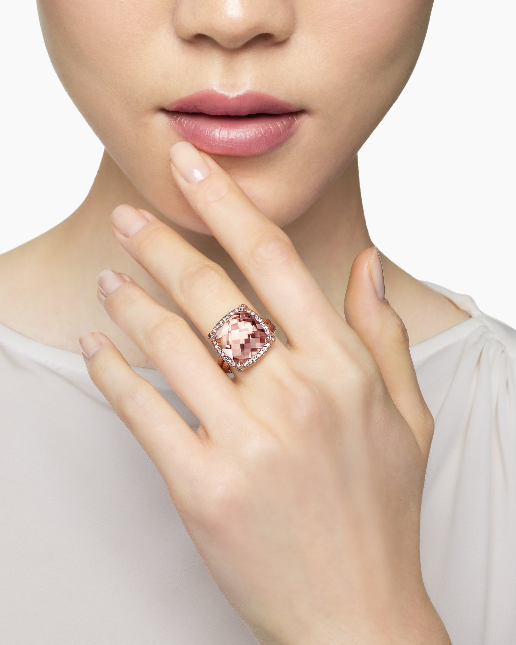 Chatelaine Pavé Bezel Ring in 18K Rose Gold with Morganite and Diamonds, 14mm - Image 7