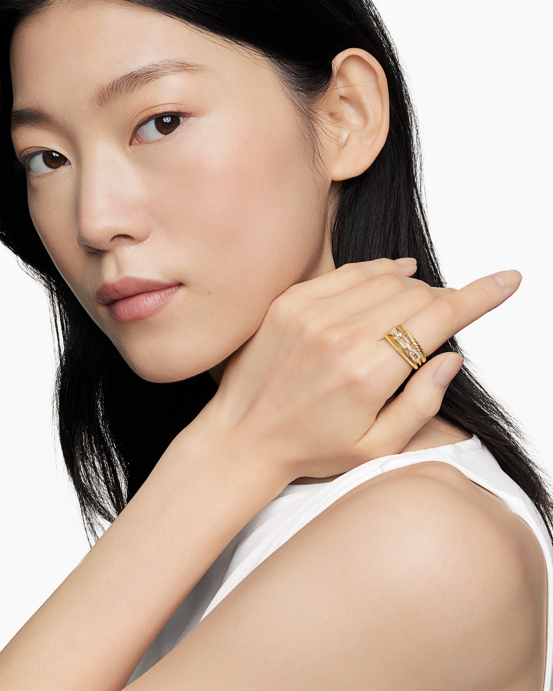 Alternative view of Stax Three Row Ring in 18K Yellow Gold with Diamonds, 9.5mm