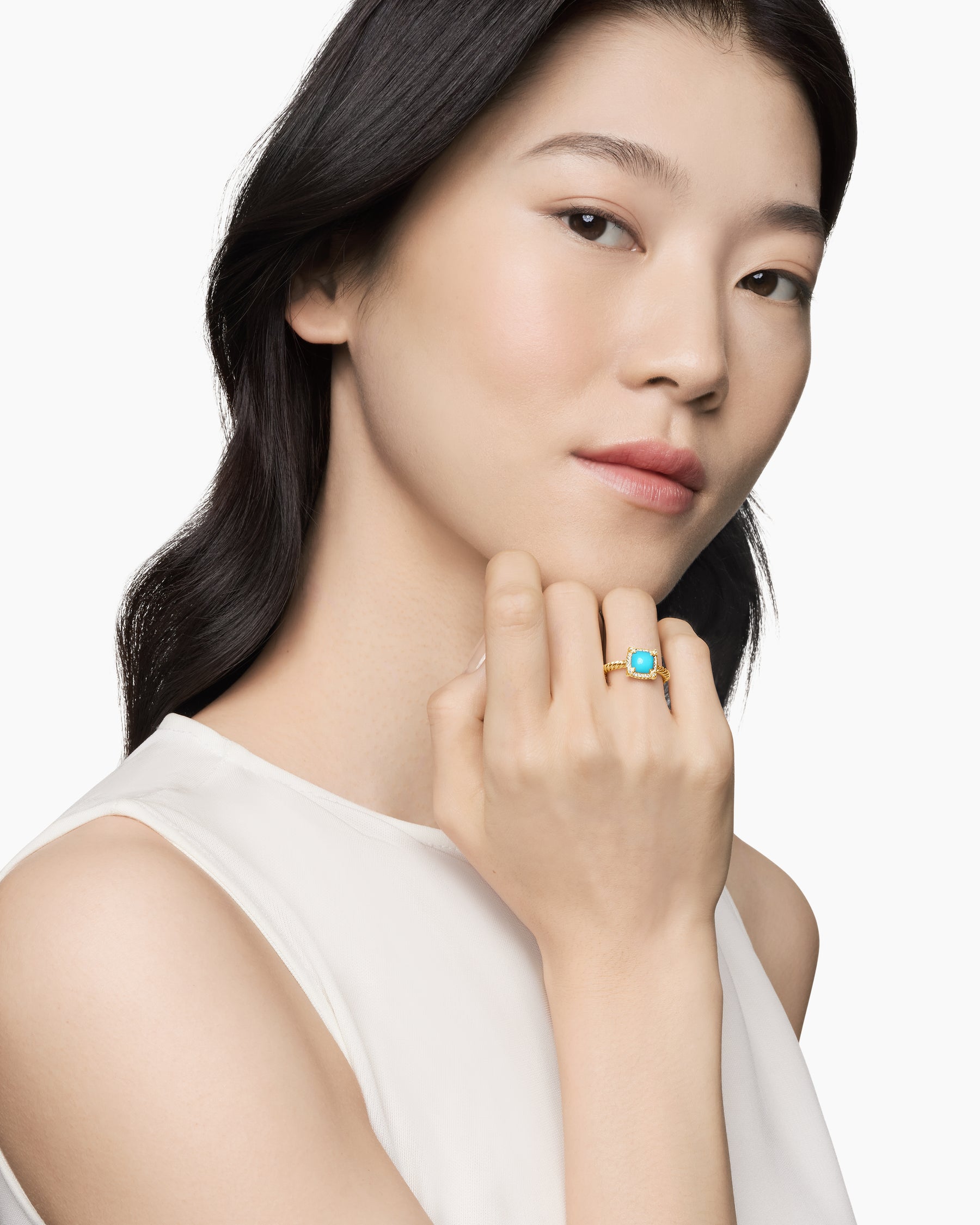Alternative view of Petite Chatelaine Pavé Bezel Ring in 18K Yellow Gold with Turquoise and Diamonds, 7mm