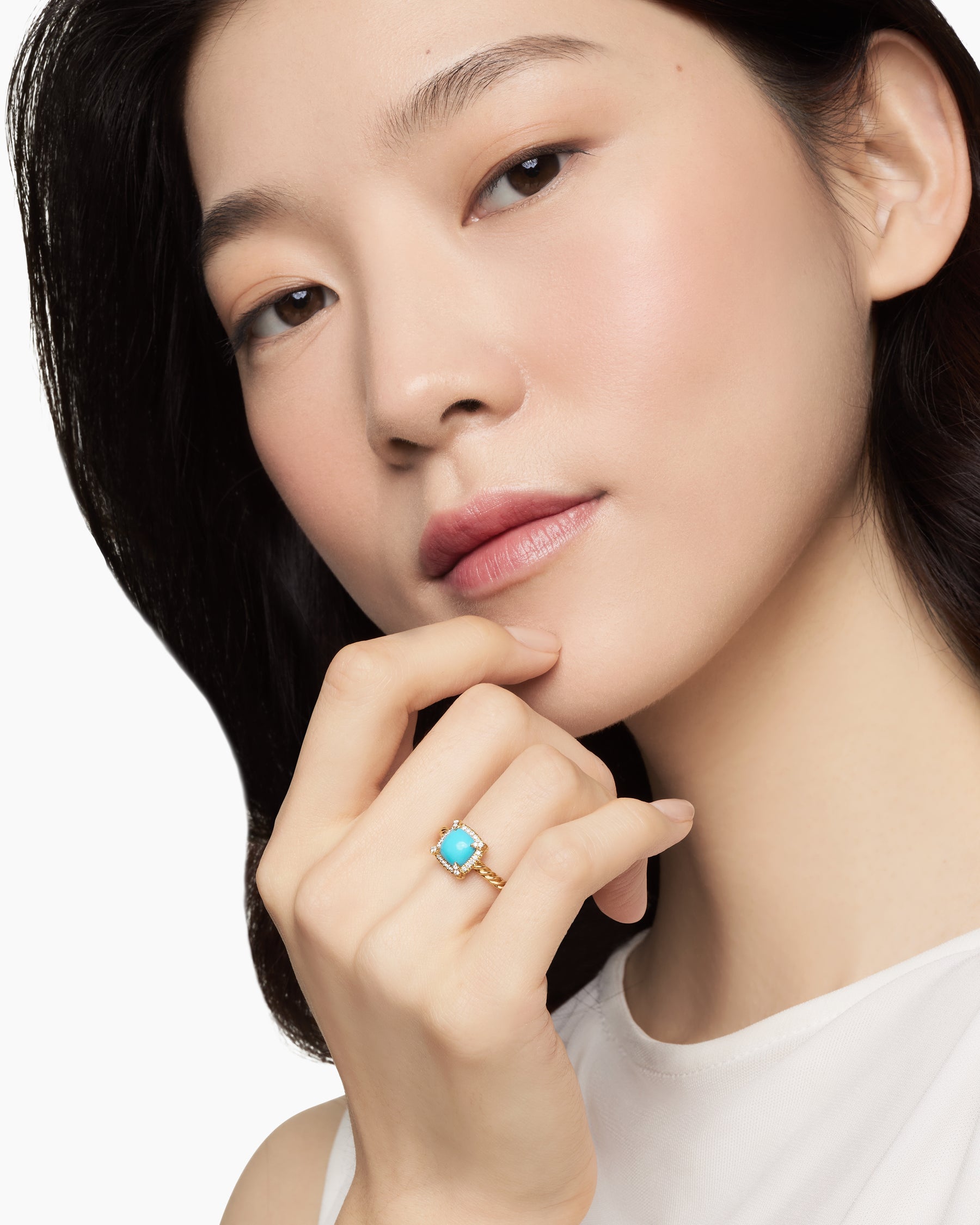 Petite Chatelaine Pavé Bezel Ring in 18K Yellow Gold with Turquoise and Diamonds, 7mm - Image 7