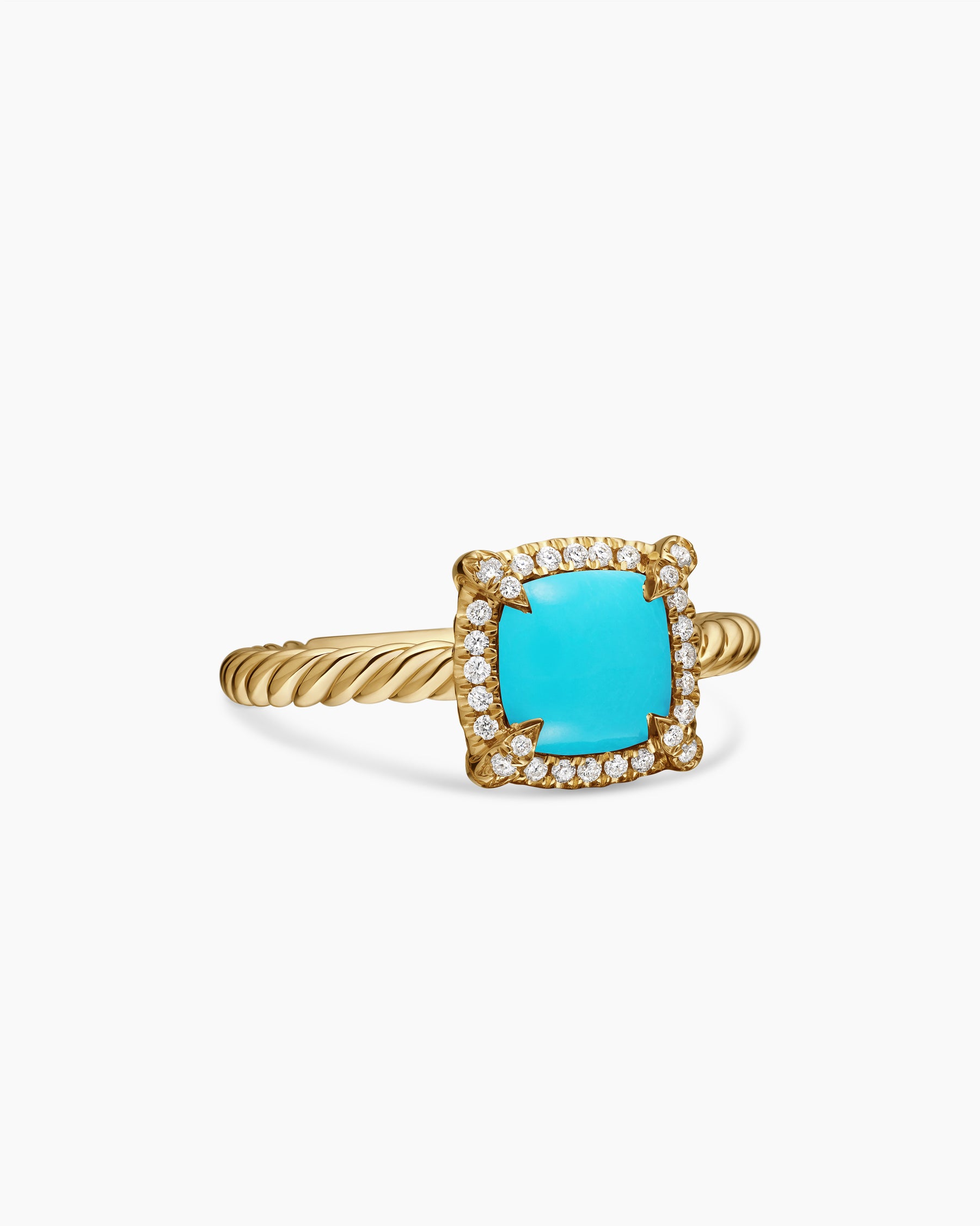 Petite Chatelaine Pavé Bezel Ring in 18K Yellow Gold with Turquoise and Diamonds, 7mm