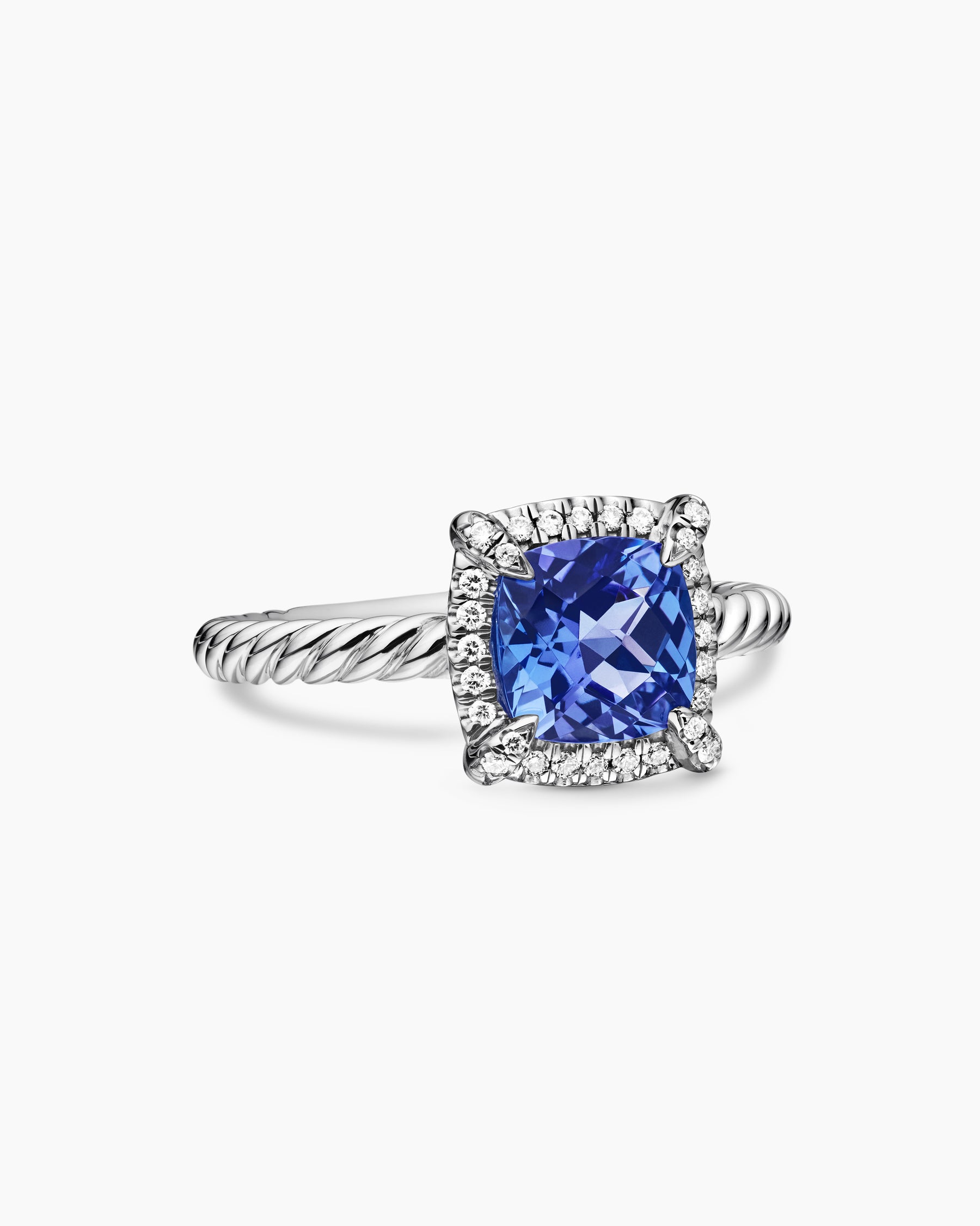Petite Chatelaine Pavé Bezel Ring in 18K White Gold with Tanzanite and Diamonds, 7mm