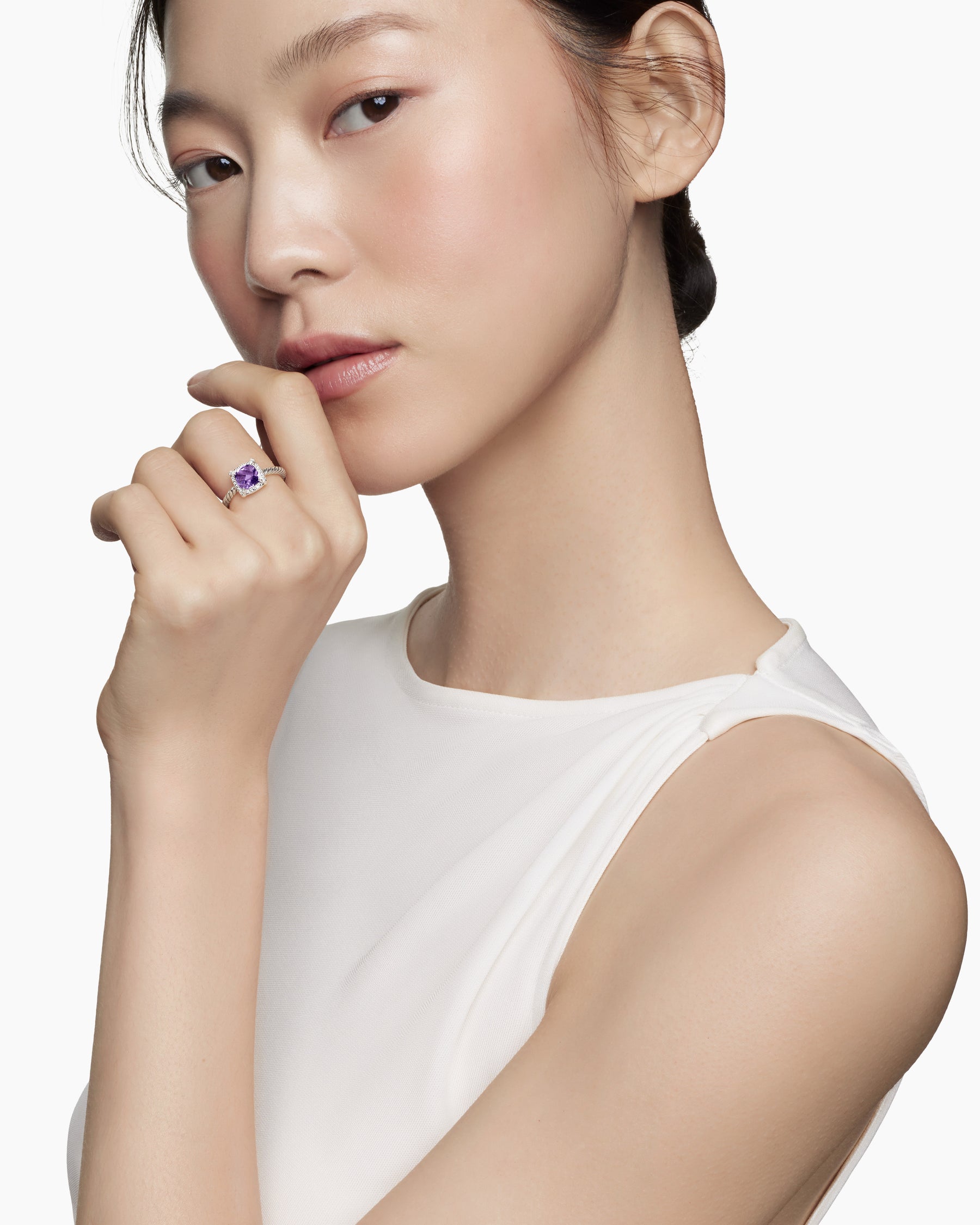 Alternative view of Petite Chatelaine Pavé Bezel Ring in Sterling Silver with Amethyst and Diamonds, 7mm