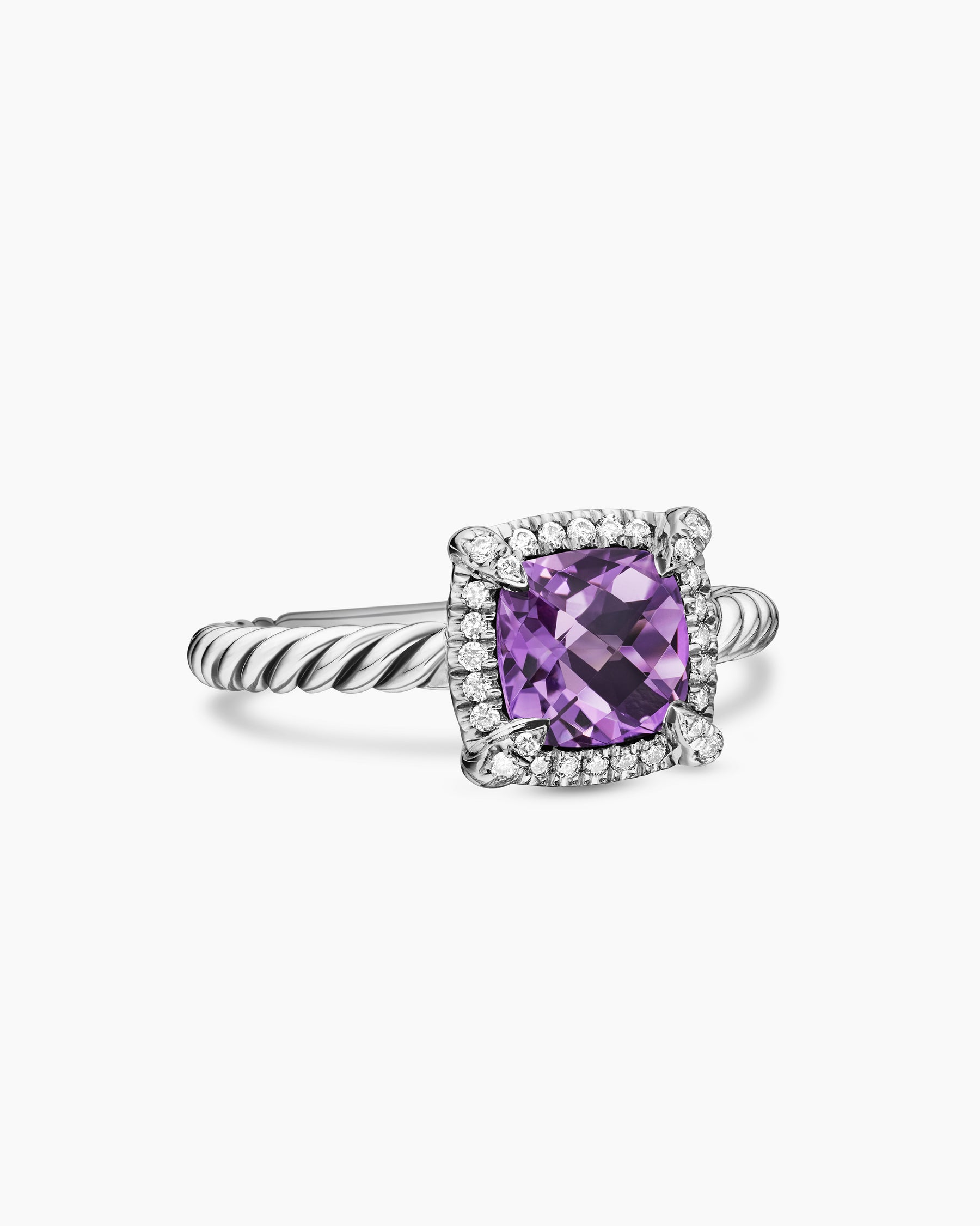 Petite Chatelaine Pavé Bezel Ring in Sterling Silver with Amethyst and Diamonds, 7mm