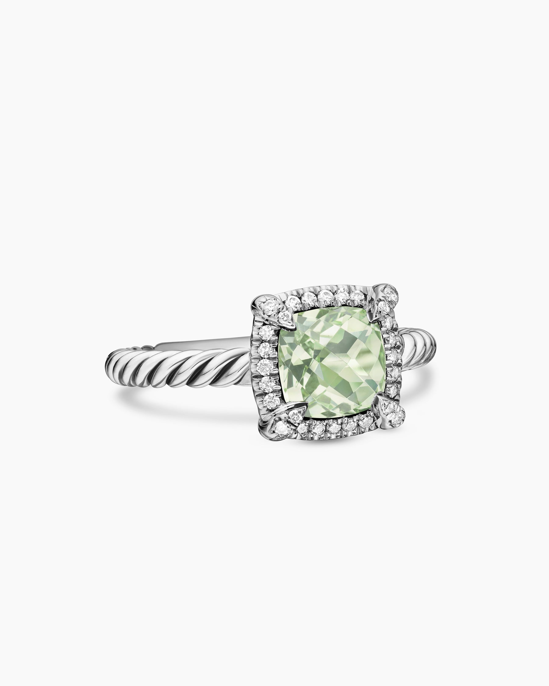 Petite Chatelaine Pavé Bezel Ring in Sterling Silver with Prasiolite and Diamonds, 7mm