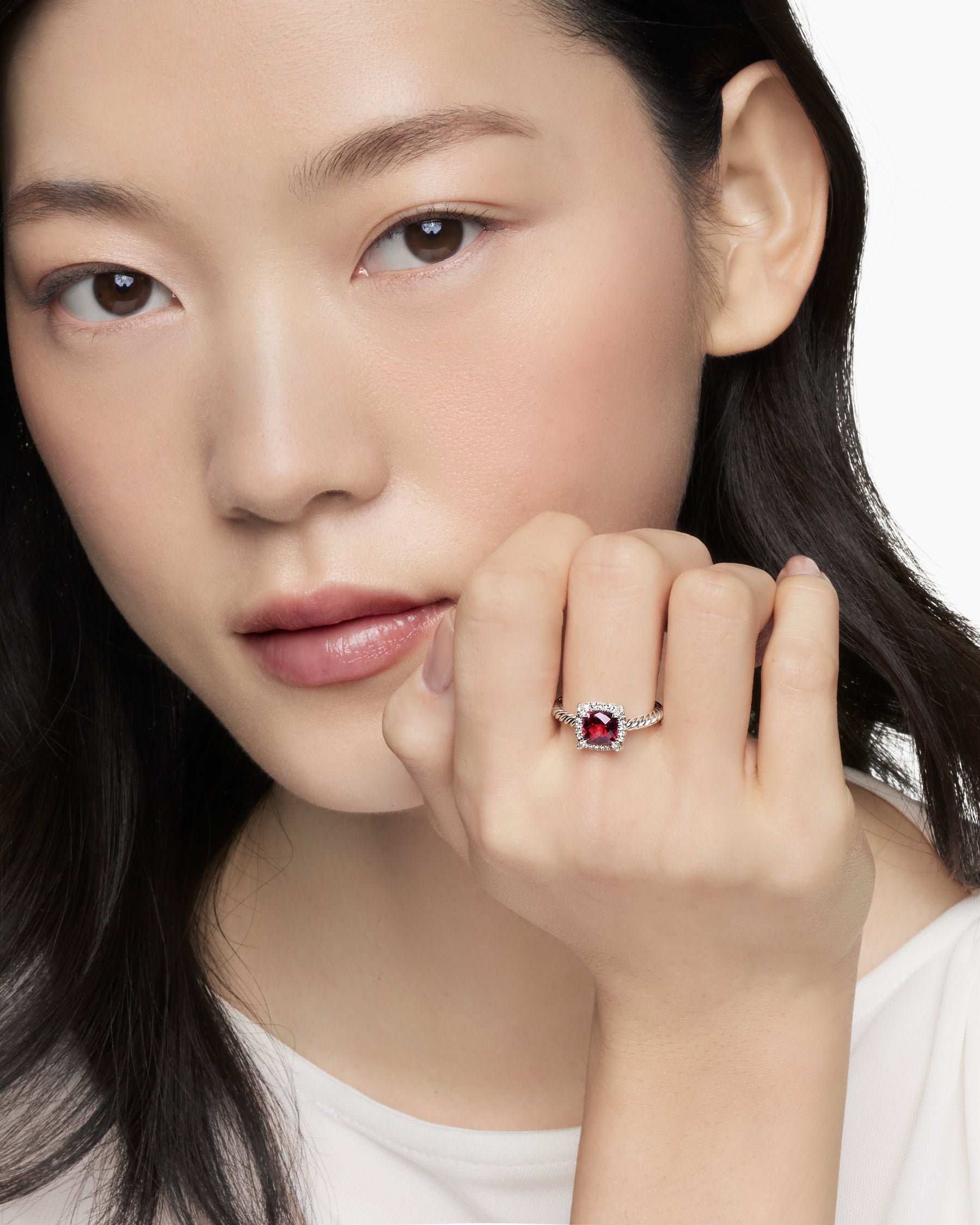 Alternative view of Petite Chatelaine Pavé Bezel Ring in Sterling Silver with Rhodolite Garnet and Diamonds, 7mm