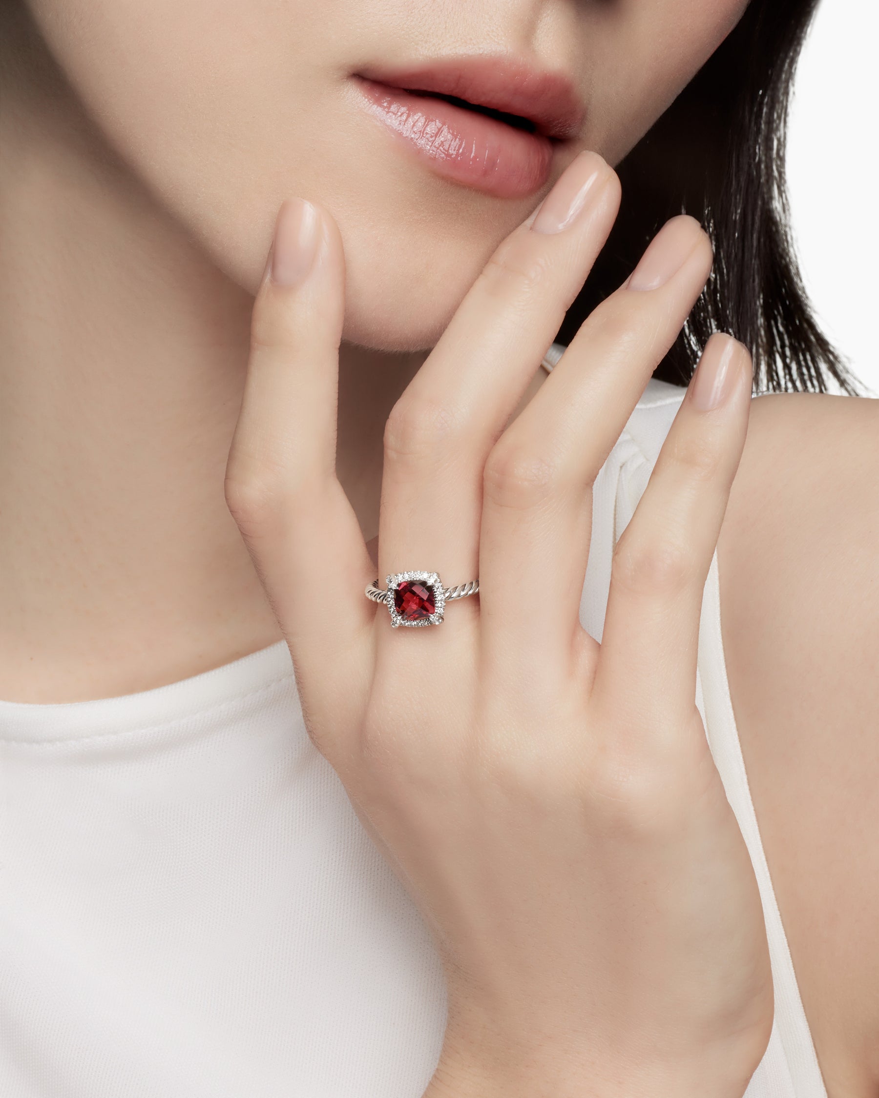 Petite Chatelaine Pavé Bezel Ring in Sterling Silver with Rhodolite Garnet and Diamonds, 7mm - Image 7