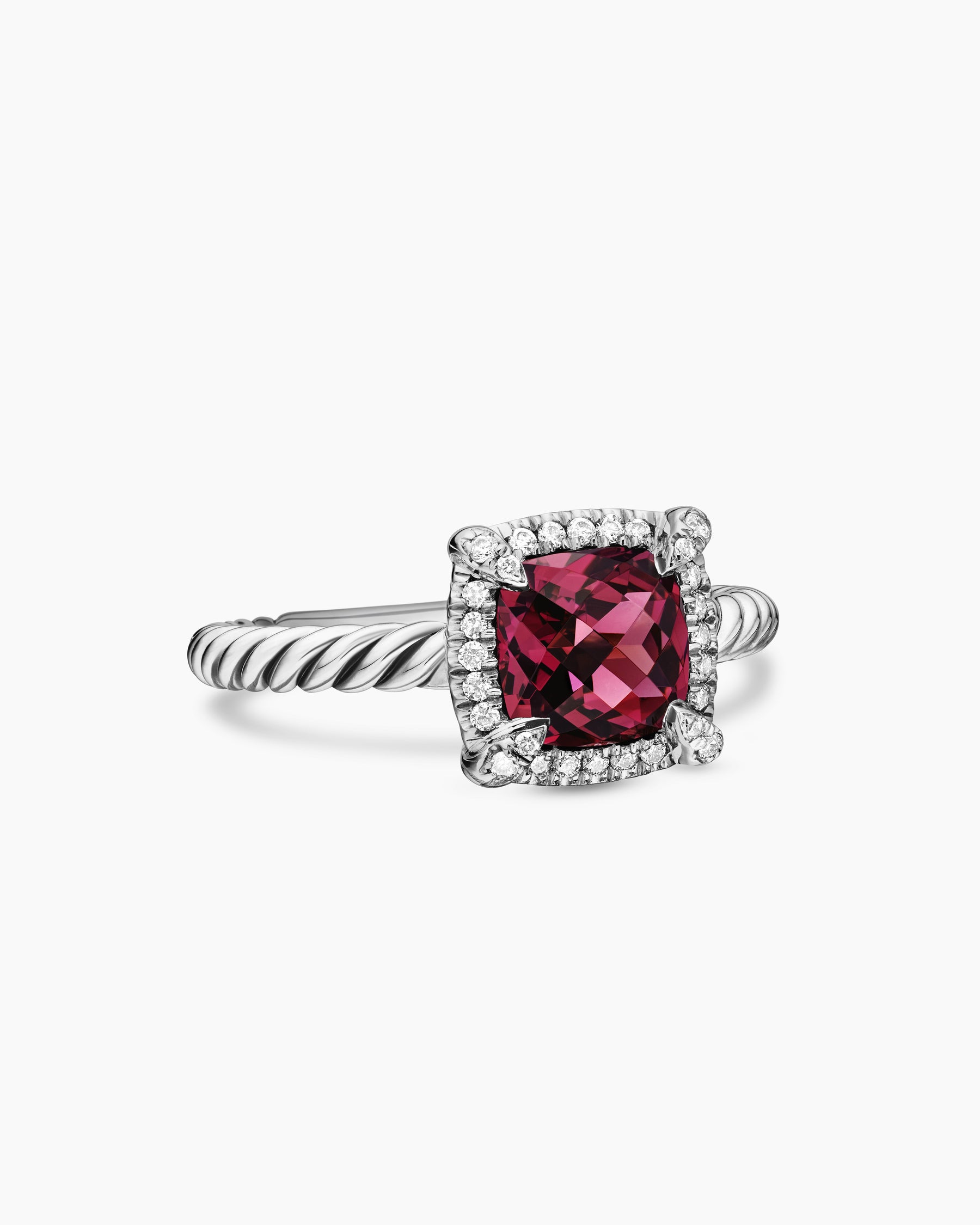 Petite Chatelaine Pavé Bezel Ring in Sterling Silver with Rhodolite Garnet and Diamonds, 7mm