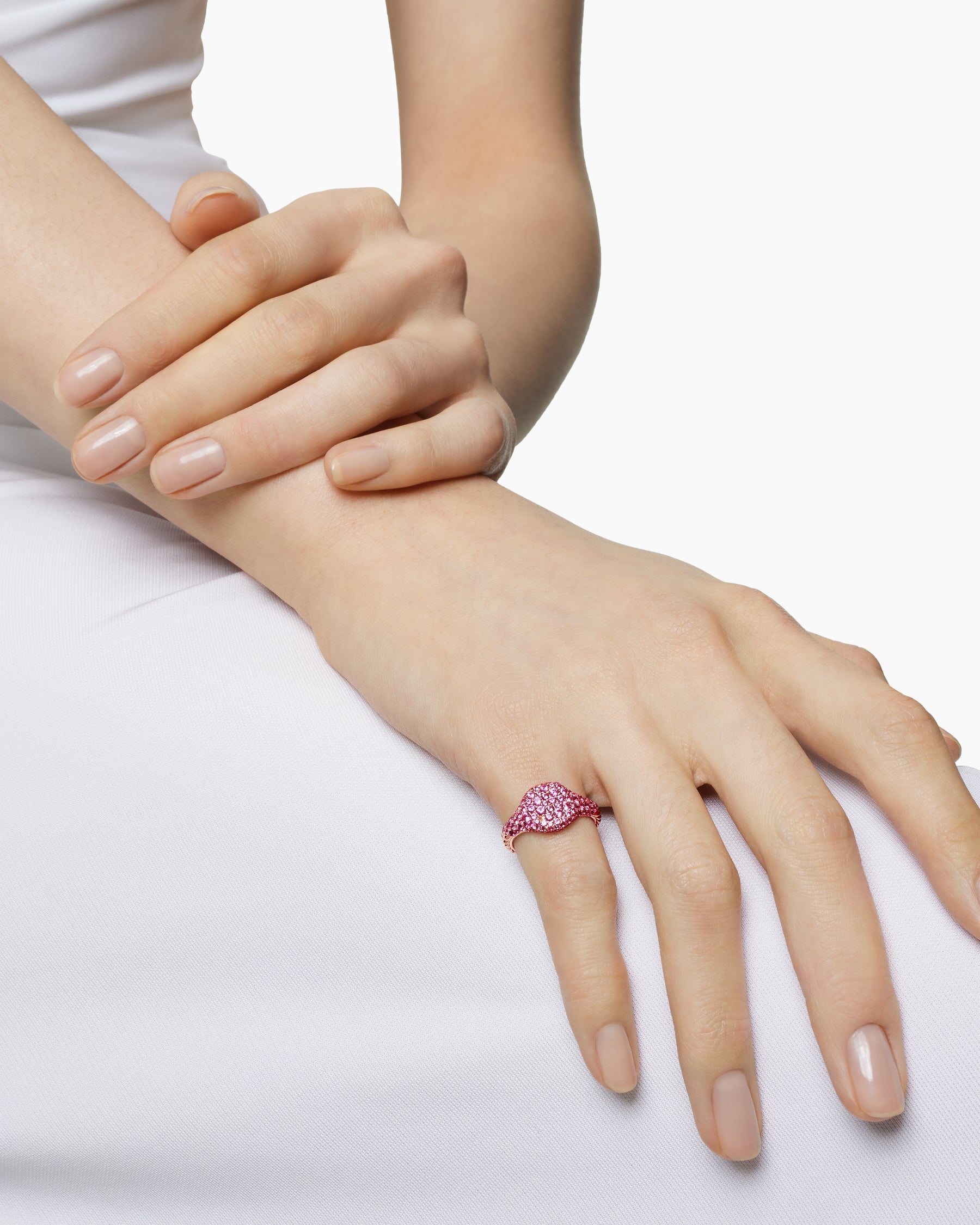 Pavé Pinky Ring in 18K Rose Gold with Pink Sapphires, 10mm - Image 7