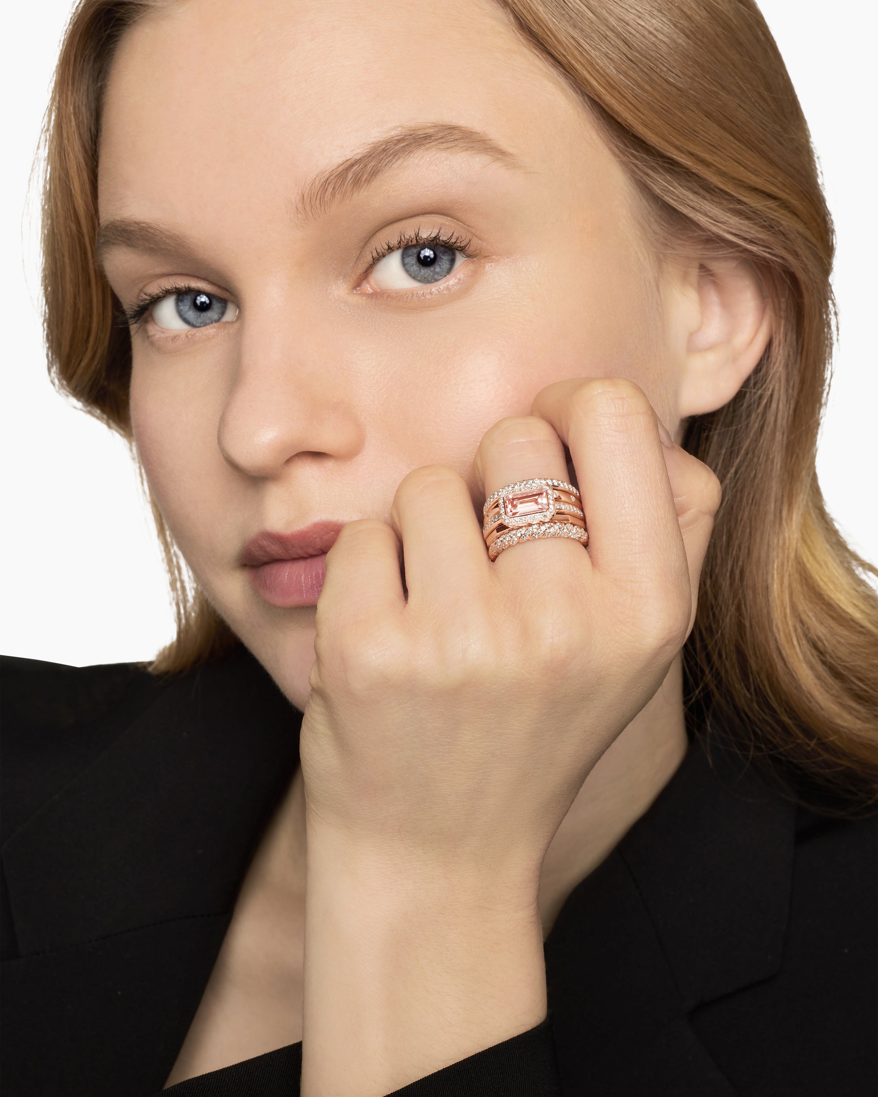 Stax Five Row Ring in 18K Rose Gold with Morganite and Diamonds, 14mm - Image 7