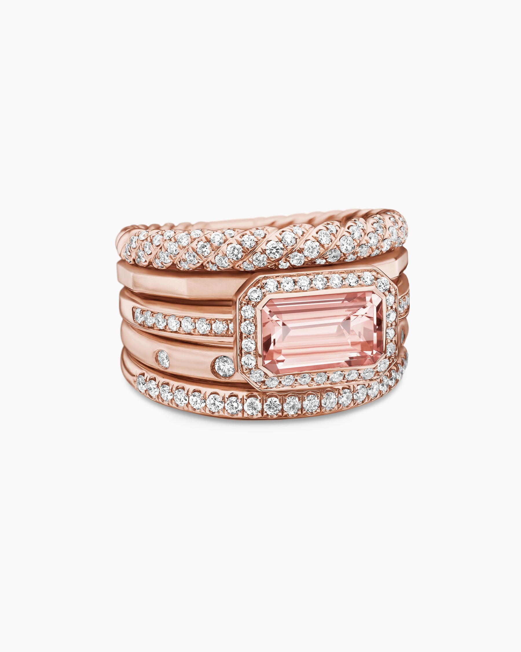 Stax Five Row Ring in 18K Rose Gold with Morganite and Diamonds, 14mm