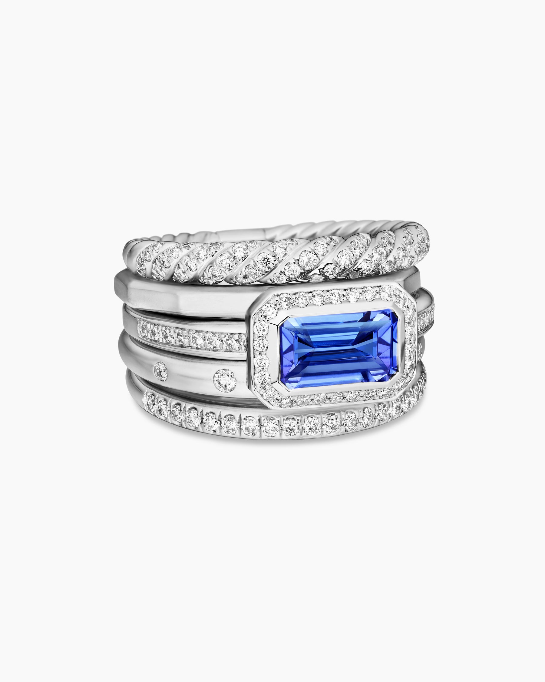 Stax Five Row Ring in 18K White Gold with Tanzanite and Diamonds, 14mm