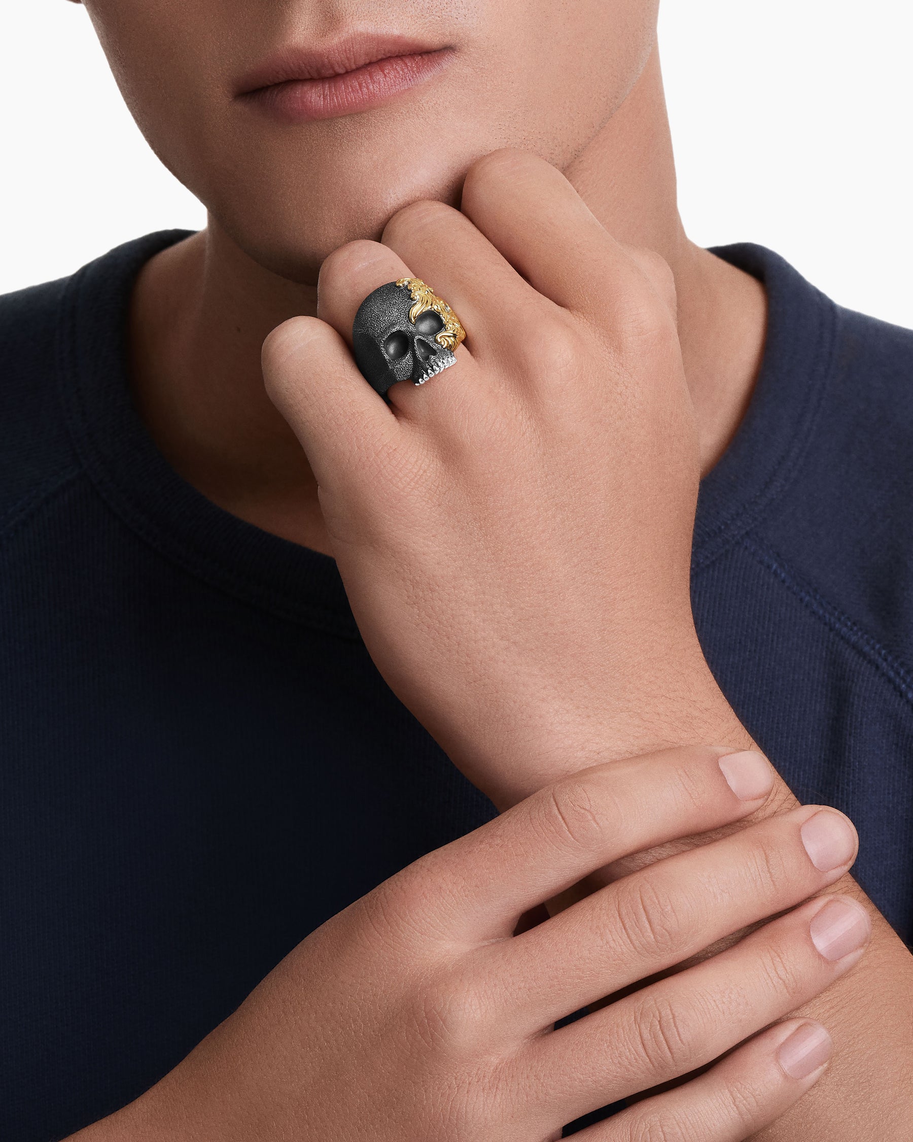 Alternative view of Waves Skull Ring in Sterling Silver with 18K Yellow Gold, 24mm