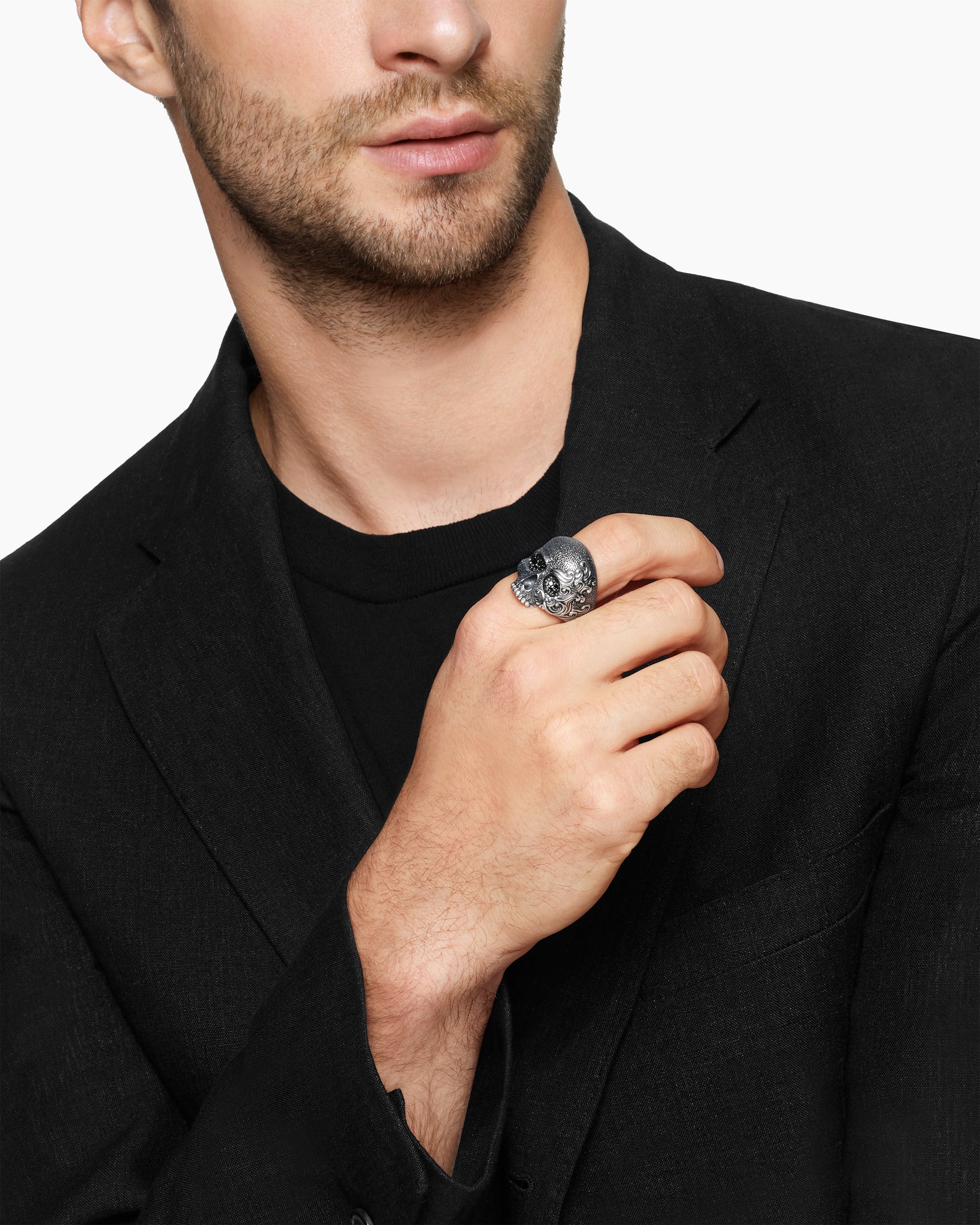 Alternative view of Waves Skull Ring in Sterling Silver with Black Diamonds, 24mm