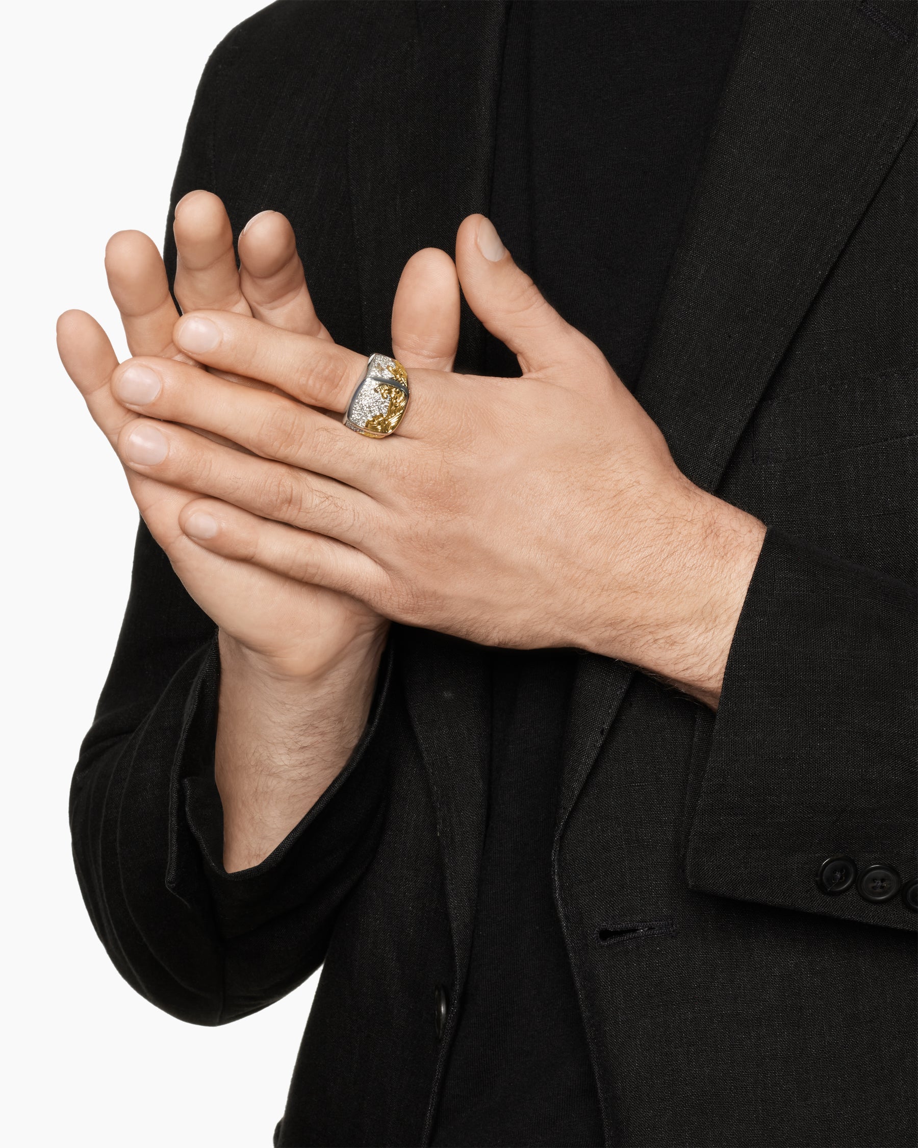 Alternative view of Waves Signet Ring in Sterling Silver with 18K Yellow Gold and Diamonds, 18.8mm