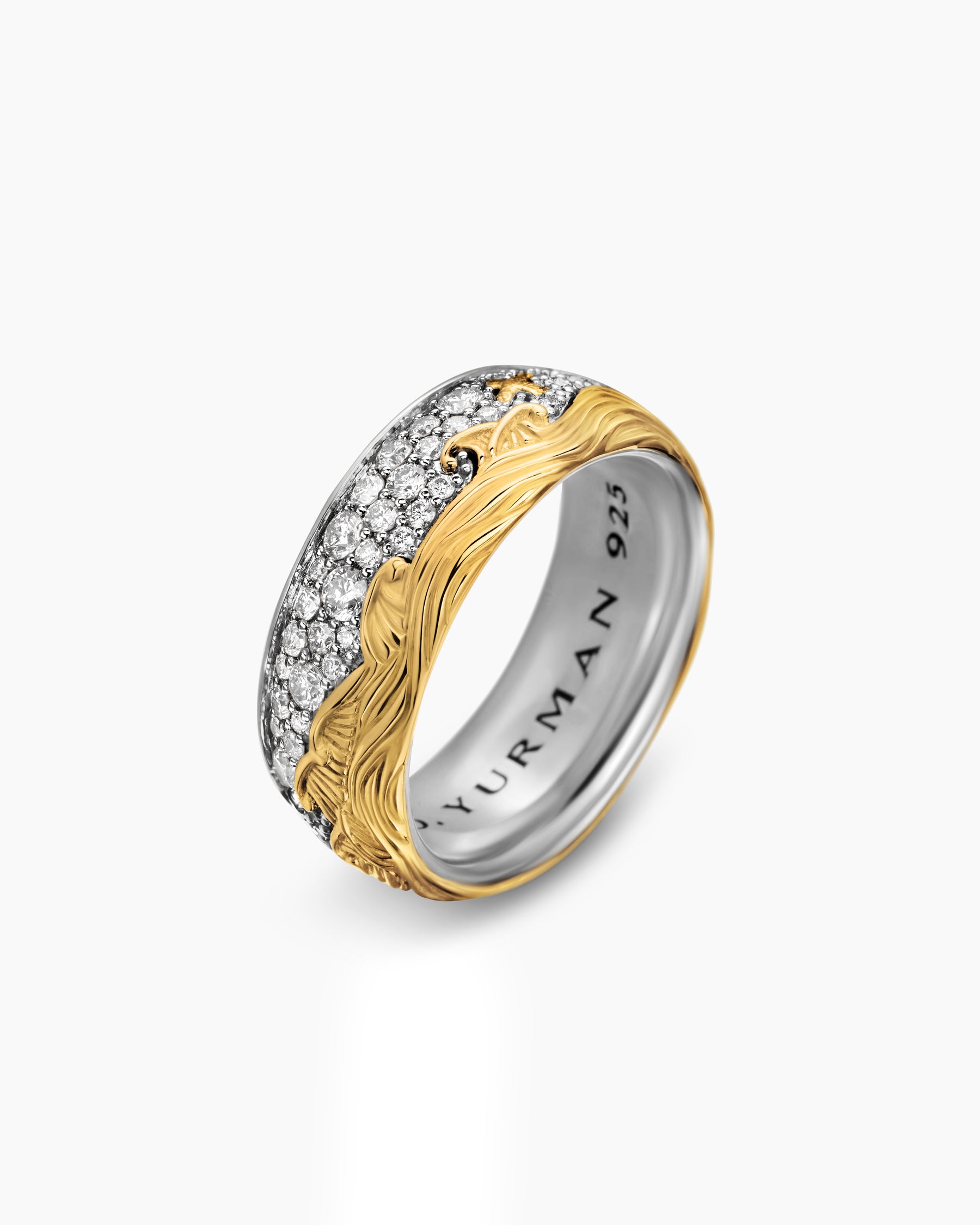 Waves Band Ring in Sterling Silver with 18K Yellow Gold with Diamonds, 8.7mm - Image 3