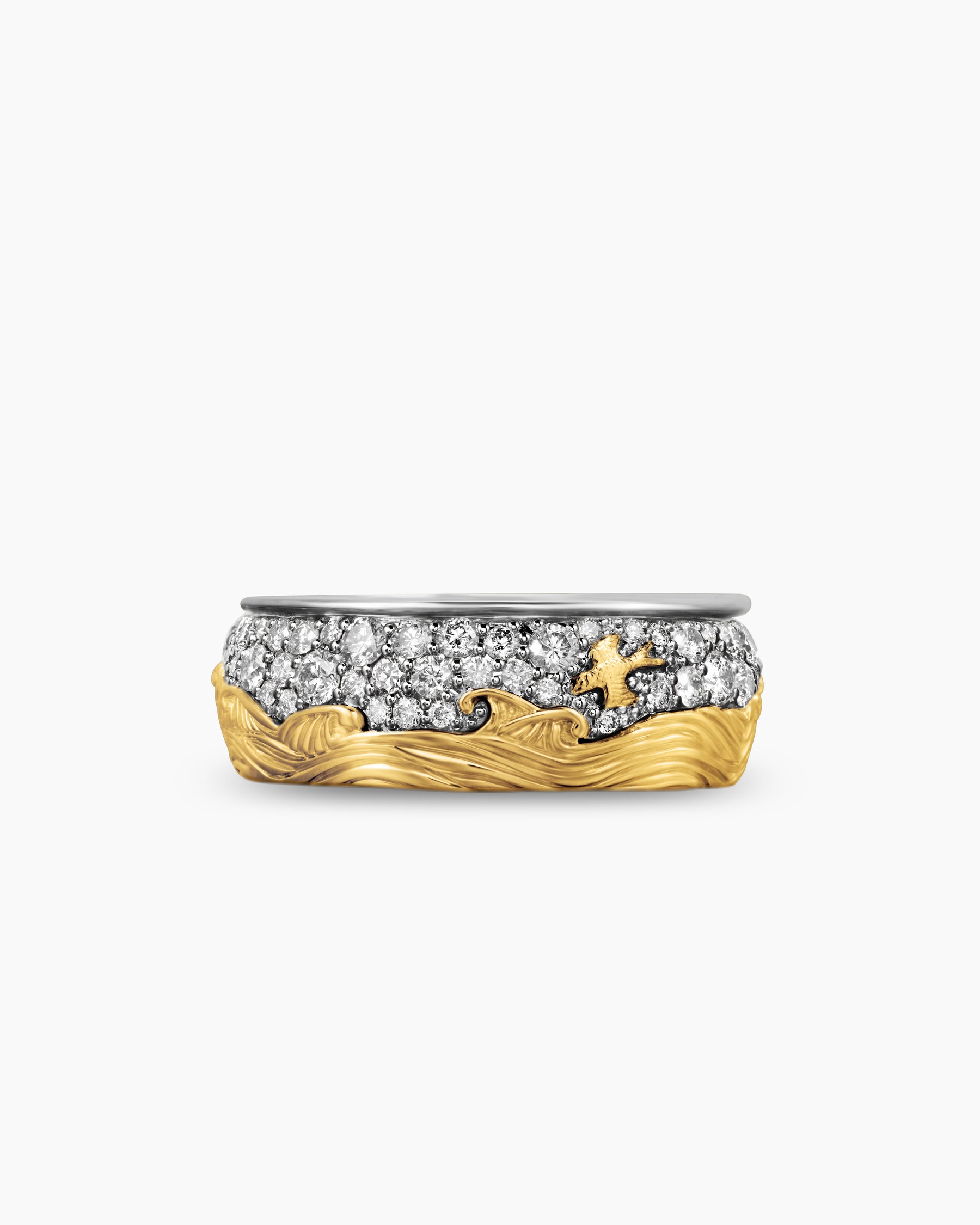Waves Band Ring in Sterling Silver with 18K Yellow Gold with Diamonds, 8.7mm - Image 4