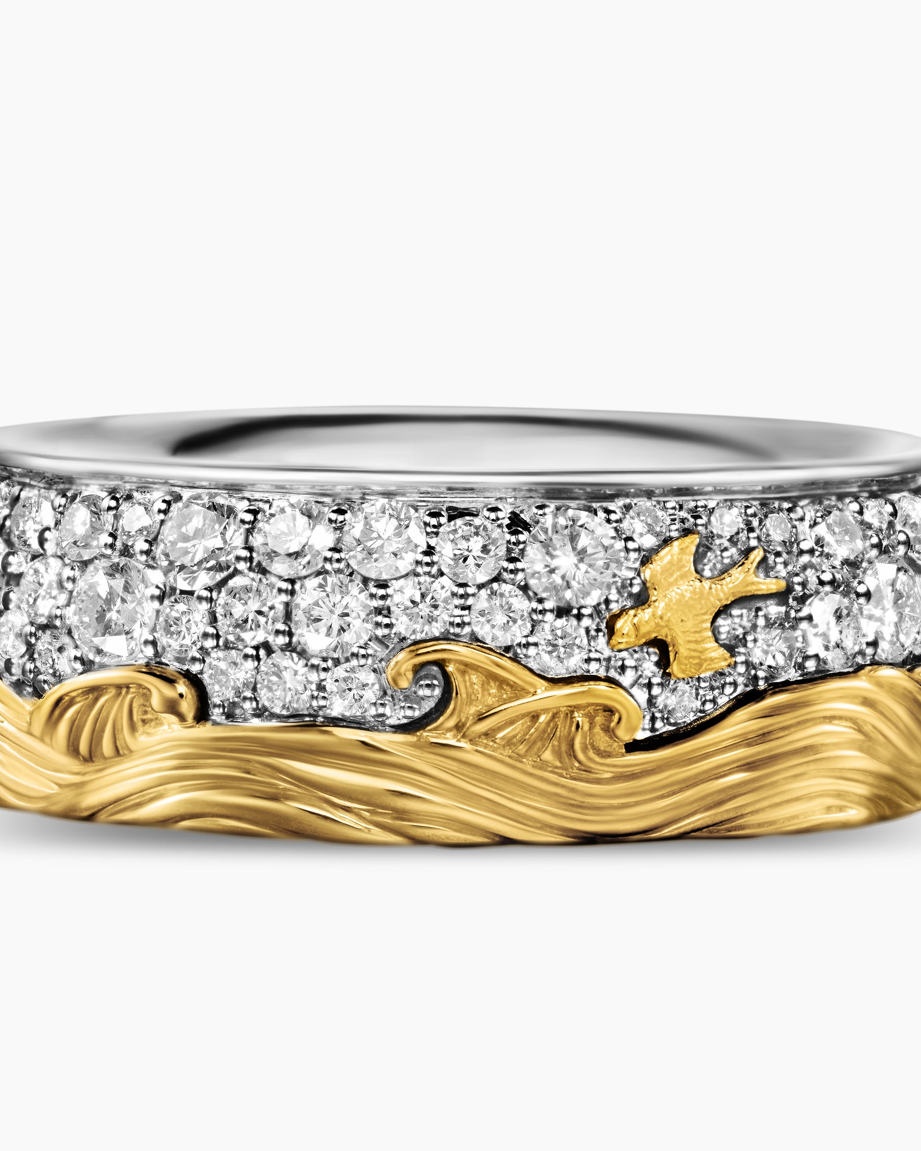 Waves Band Ring in Sterling Silver with 18K Yellow Gold with Diamonds, 8.7mm - Image 6