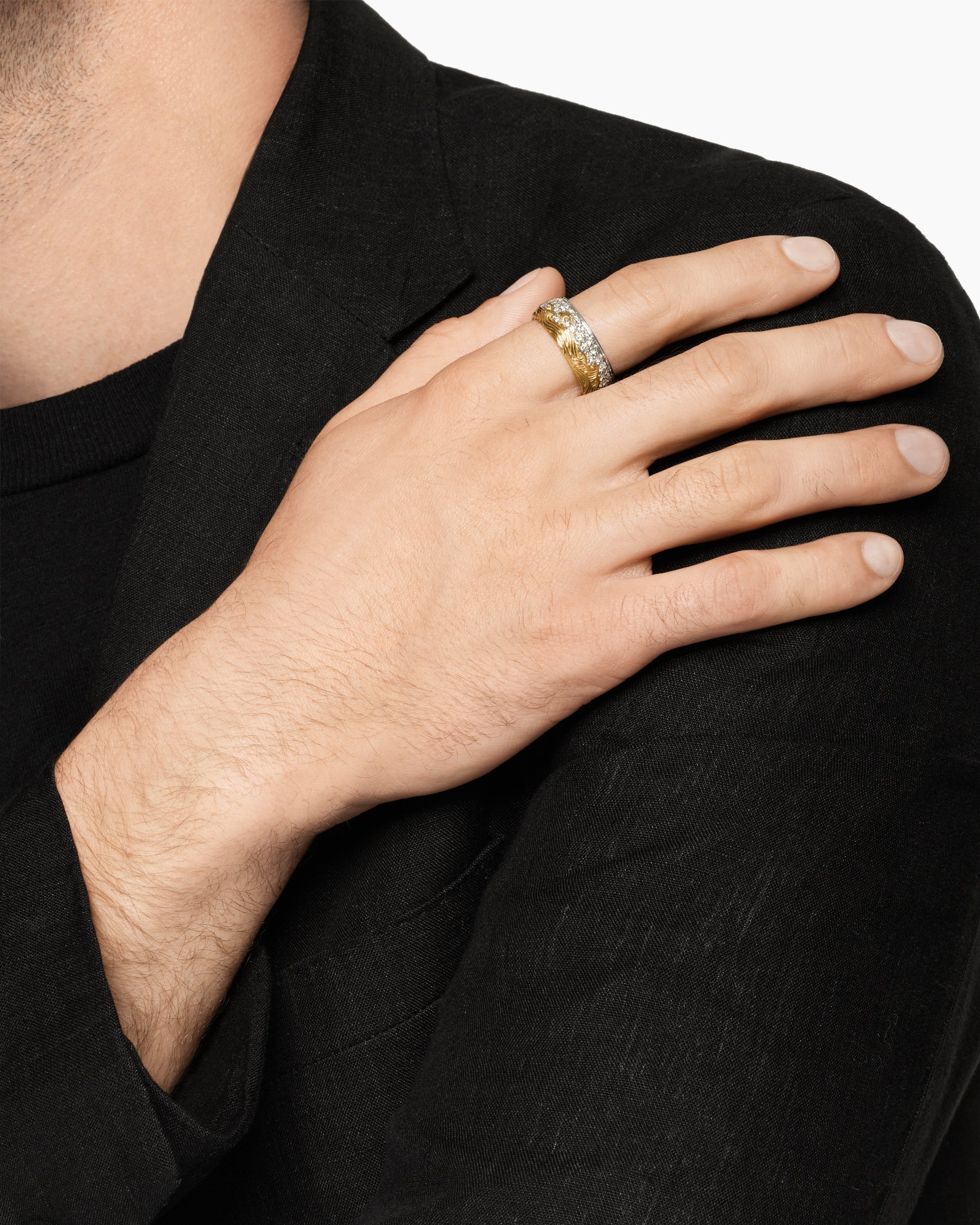 Alternative view of Waves Band Ring in Sterling Silver with 18K Yellow Gold with Diamonds, 8.7mm