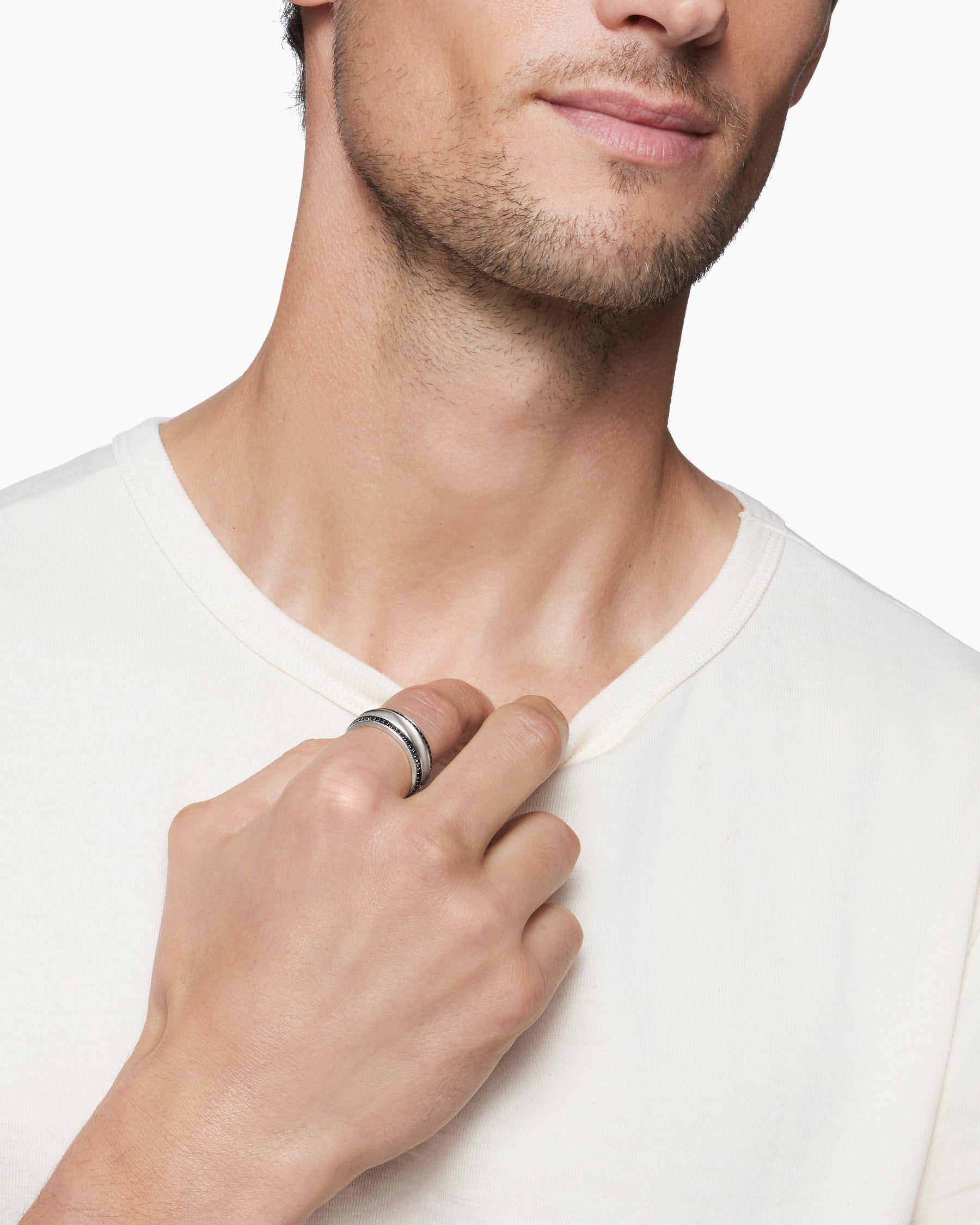 Alternative view of Beveled Band Ring in 18K White Gold with Black Diamonds, 6mm