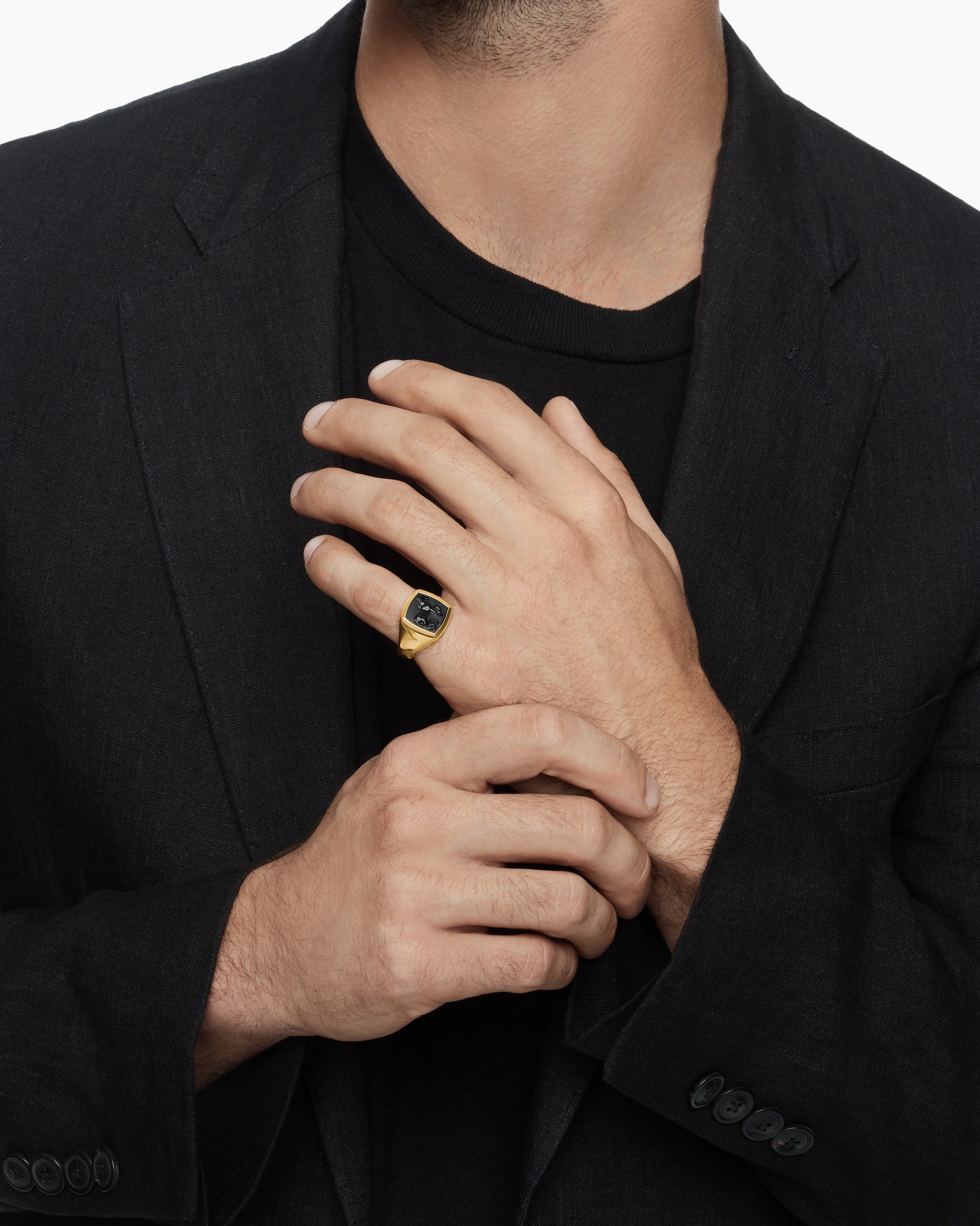 Alternative view of Petrvs Horse Pinky Ring in 18K Yellow Gold with Black Onyx, 14.8mm