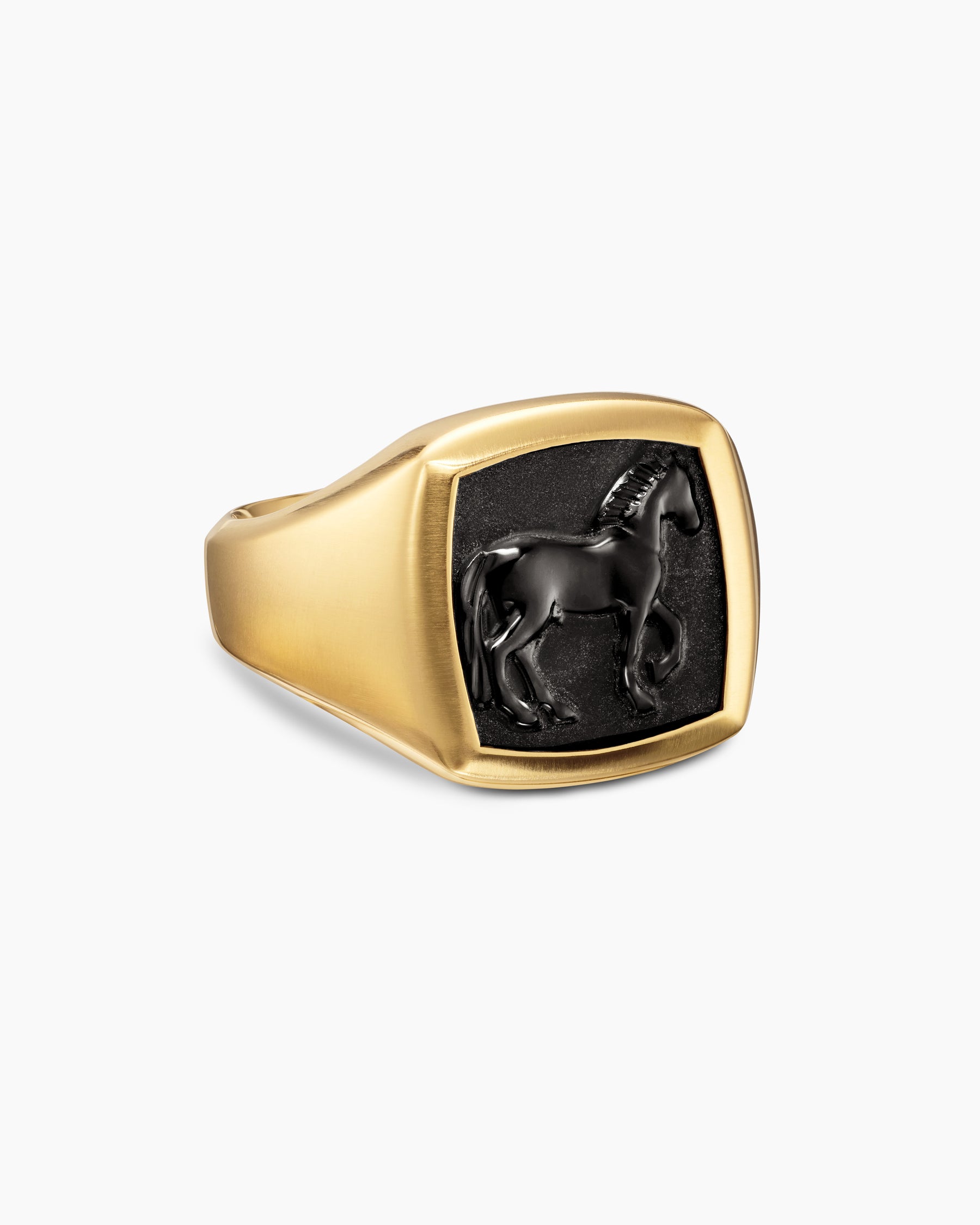 Petrvs Horse Pinky Ring in 18K Yellow Gold with Black Onyx, 14.8mm