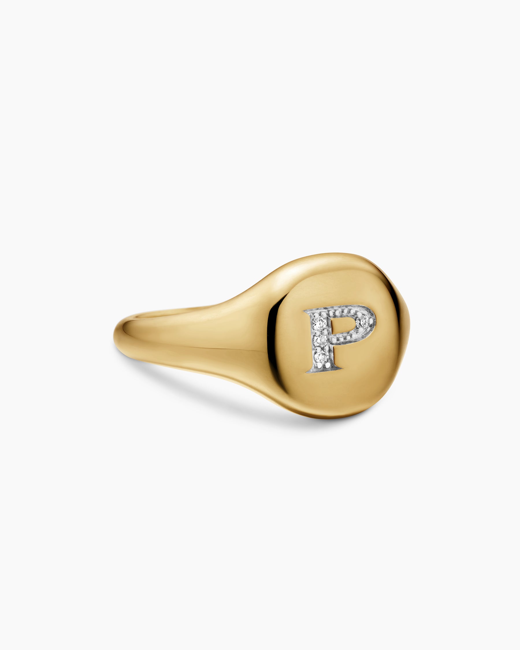 DY Initial Pinky Ring in 18K Yellow Gold with Diamond P, 9.8mm
